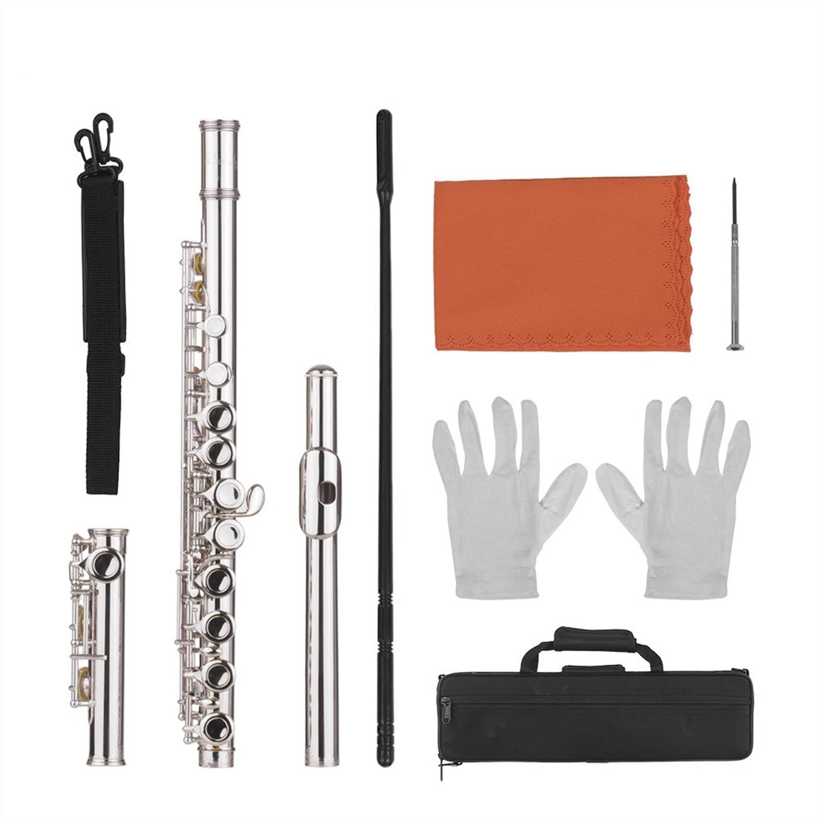 ZUZU 16-Hole C Key Flute Kit - Professional Concert Flute with Closed Holes, Strap, Cleaning Cloth, Rod, Gloves & Screwdriver - Includes Carry Bag for Beginners - Perfect for Music Practice, School Band & Home Performance