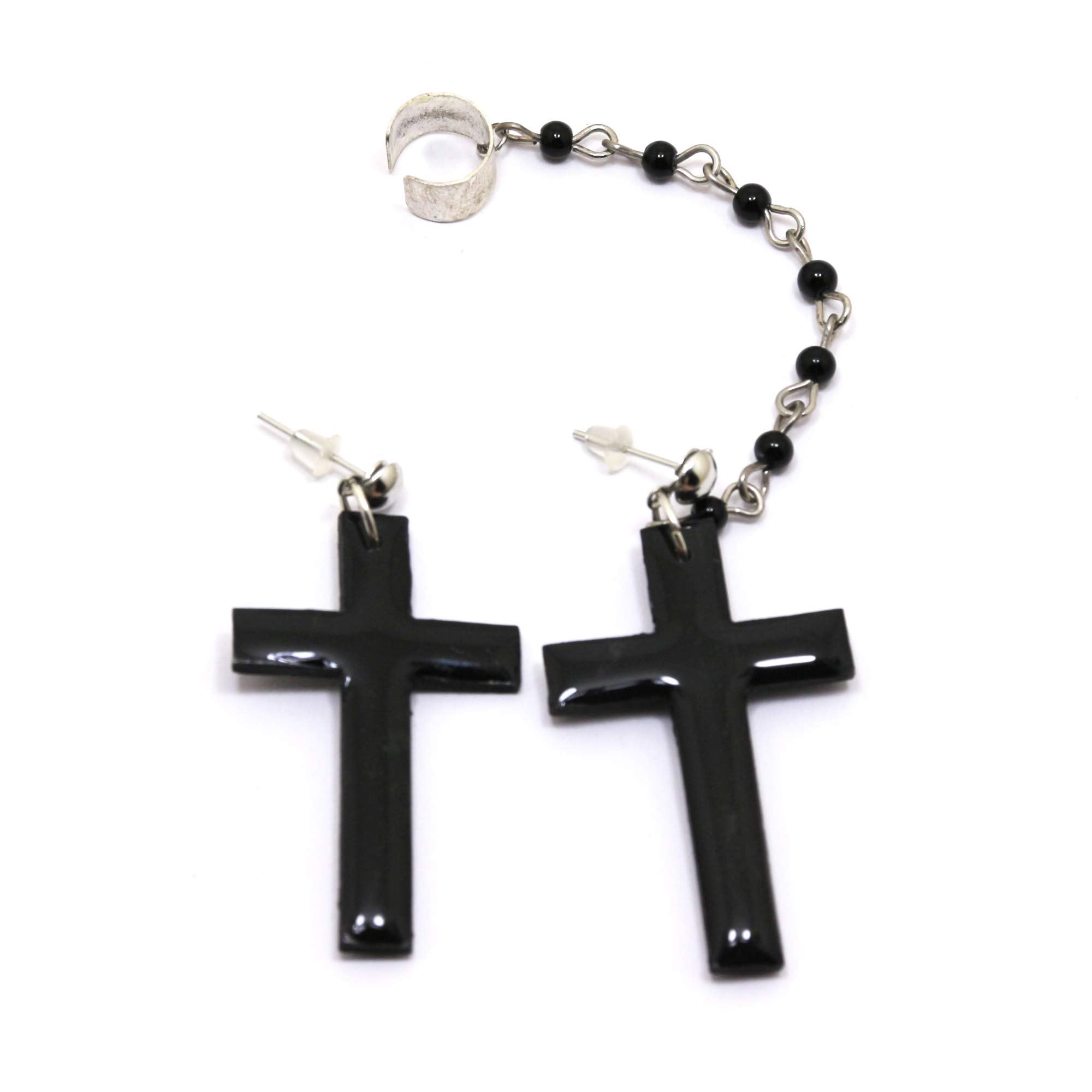 Handmade Gothic Cross Ear Cuff - Black Polymer Clay Stud Earrings with Beaded Chain - Epoxy Resin Jewelry for Women - Perfect for Halloween, Gothic Fashion & Alternative Style