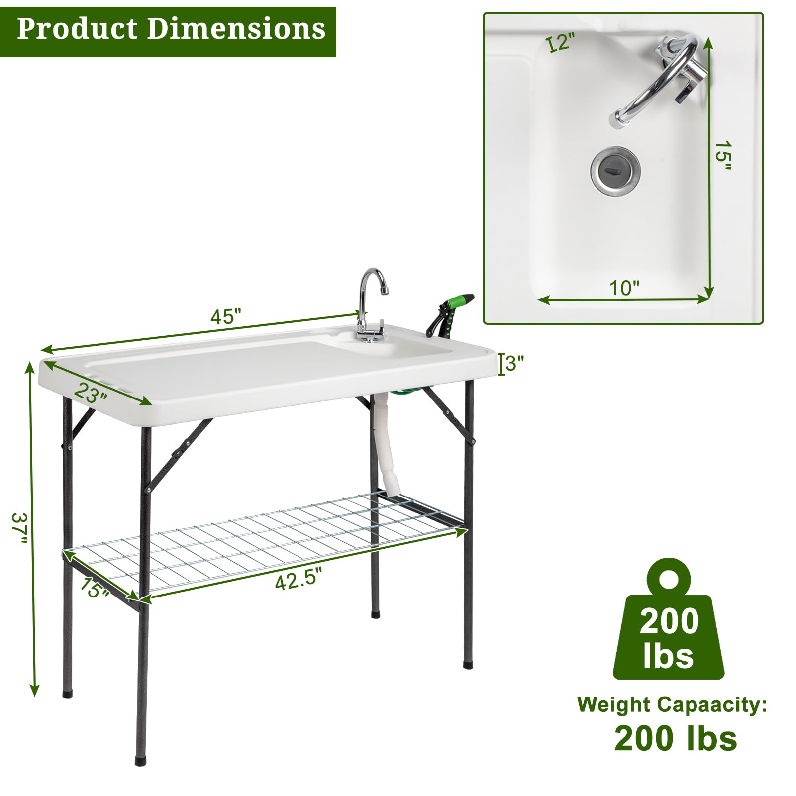 Upgraded VINGLI Folding Fish Cleaning Table with Sink - Portable Camping Sink Table with Grid Rack & Sprayer - Fish Fillet Cutting Table with Drainage Hose for Outdoor Cooking, Backyard BBQ, Camping & Fishing Trips