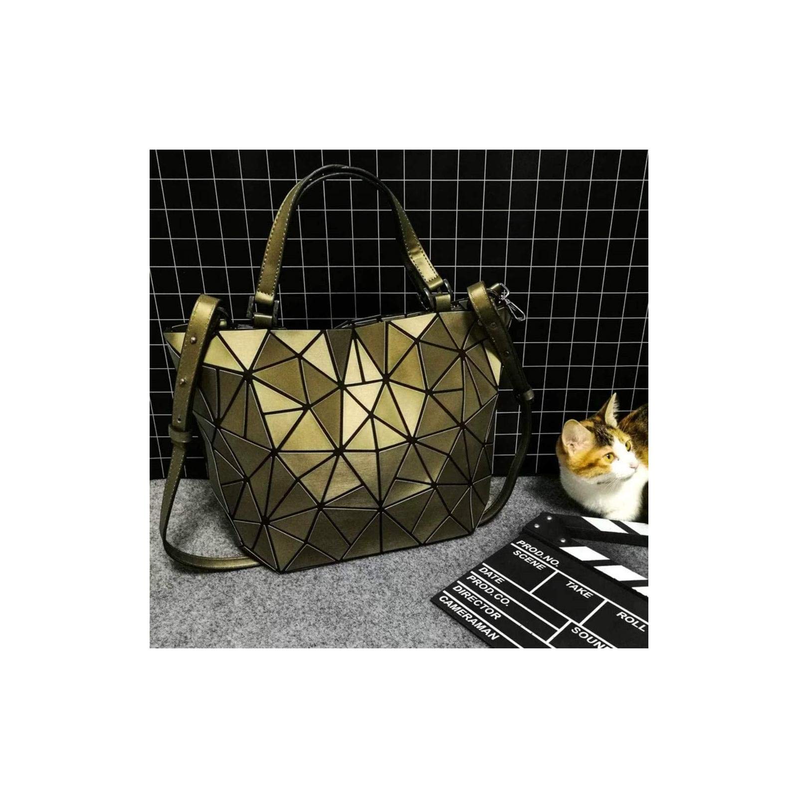 Geometric Luminous Handbag - Shard Lattice Eco-Friendly Vegan Leather Rainbow Holographic Purse for Women, Brown Large Size | Perfect for Night Out, Party, and Festival Accessories