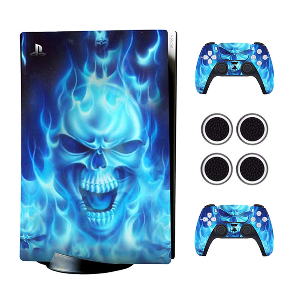 Premium PS5 Skin Stickers - Full Body Vinyl Wrap Decals for Playstation 5 Console & 2 Controllers with 4 Thumb Grip Caps (Blue Skull Design, CD Version) - Protective Cover for Gaming Setup & Customization