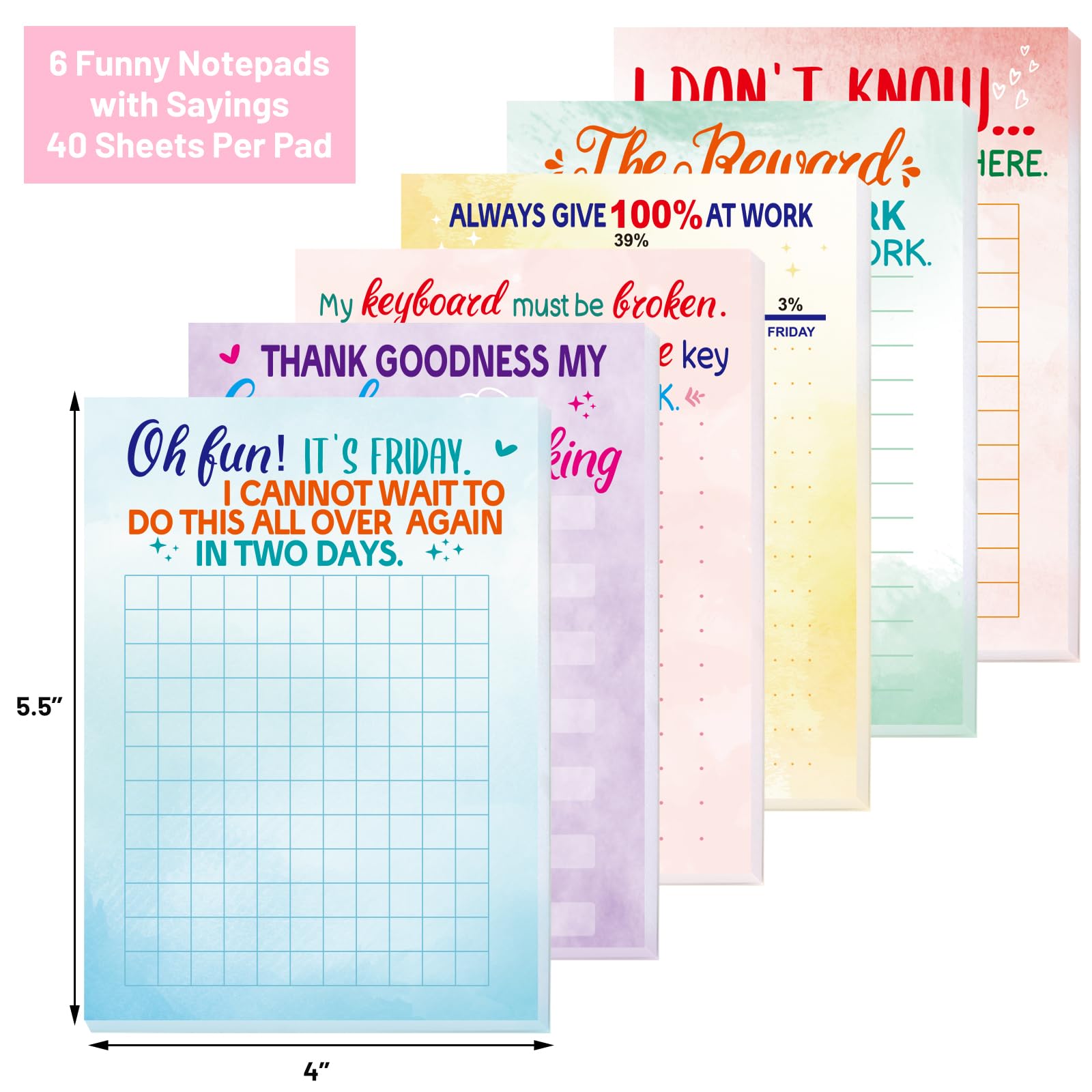 Funny Office Notepads with Inspirational Sayings - 6 Pack Novelty Memo Pads for Coworkers, Staff Gifts & Christmas Gag Presents - Perfect for Desk Organization, Workplace Humor & White Elephant Gifts