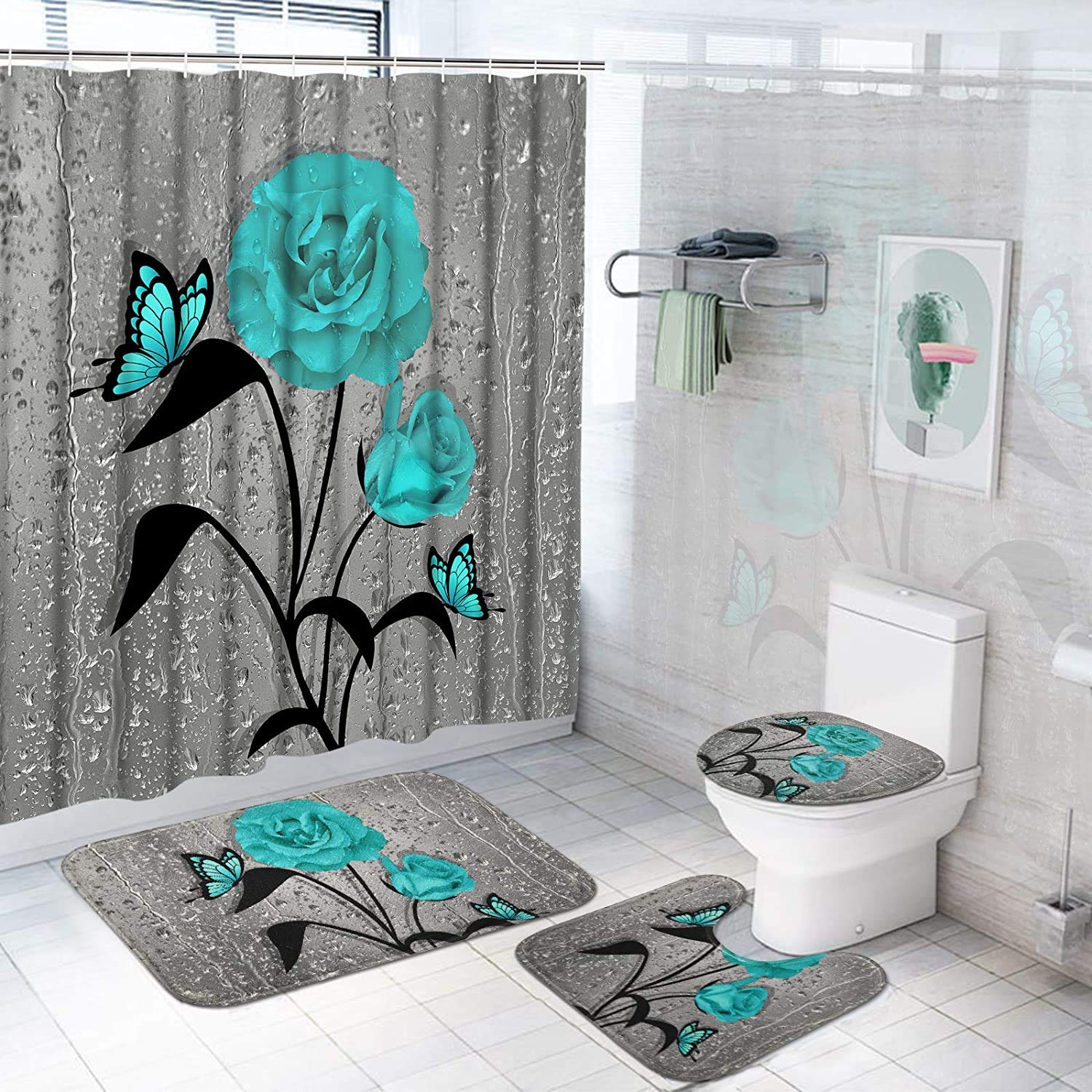 4-Piece Teal Blue Rose Shower Curtain Set - Waterproof Bathroom Decor with Non-Slip Rug, Toilet Cover & Mat, Includes 12 Hooks - Elegant Raindrop Design for Modern Bathrooms (Home Spa & Guest Bath Decor)
