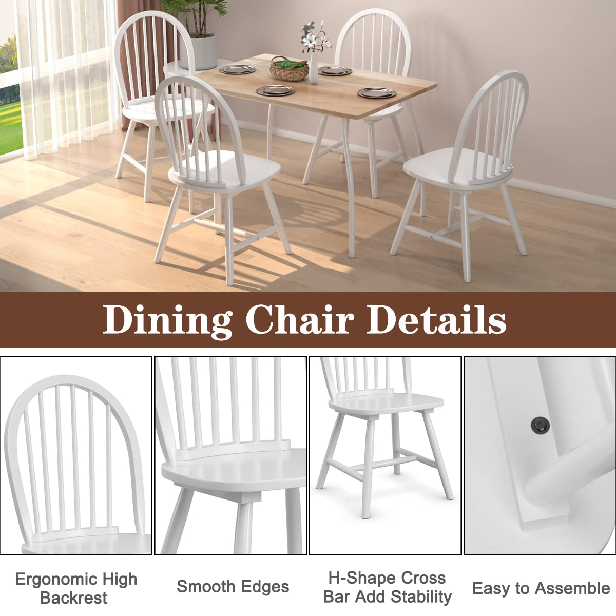 KOTEK Set of 2 Windsor Dining Chairs - Solid Wood Spindle Back Chairs with Wide Seat, Farmhouse Style Armless Side Chairs for Kitchen, Dining Room & Living Room - Perfect for Family Dinners & Home Decor (White)