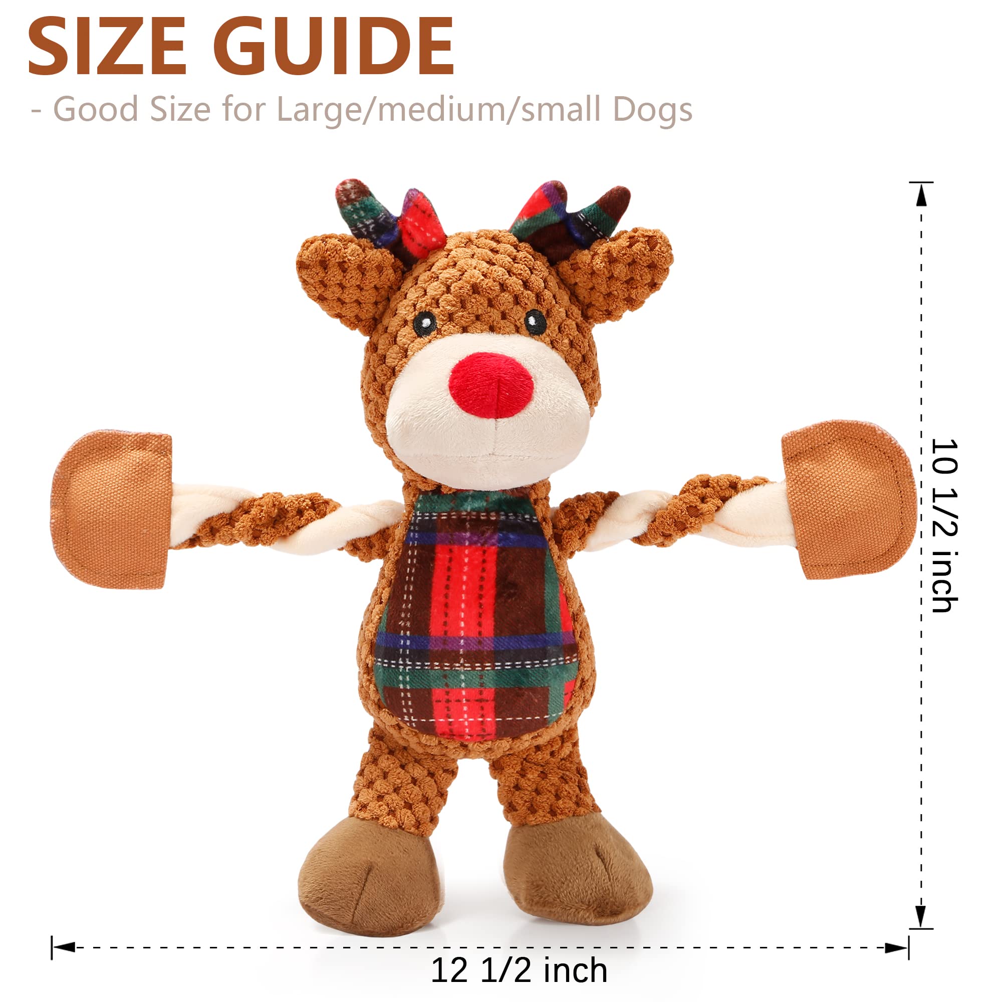 Senneny Christmas Dog Toys - Reindeer Plush Squeaky Chew Toys for Small Medium Large Dogs | Durable Interactive Pet Toy with Classic Red Green Tartan Plaid | Perfect for Holiday Playtime, Training & Gifting