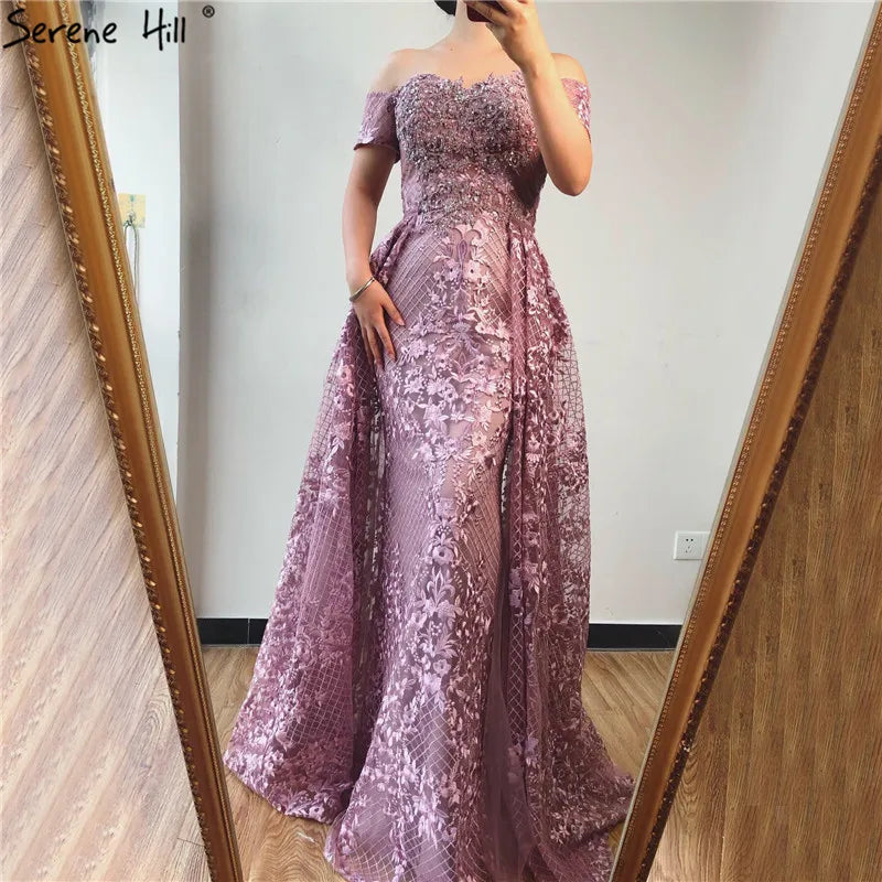 Elegant Pink Mermaid Evening Dress with Floral Lace & Crystal Details - Off Shoulder Short Sleeve Gown for Parties, Weddings & Special Occasions - Serene Hill LA70200