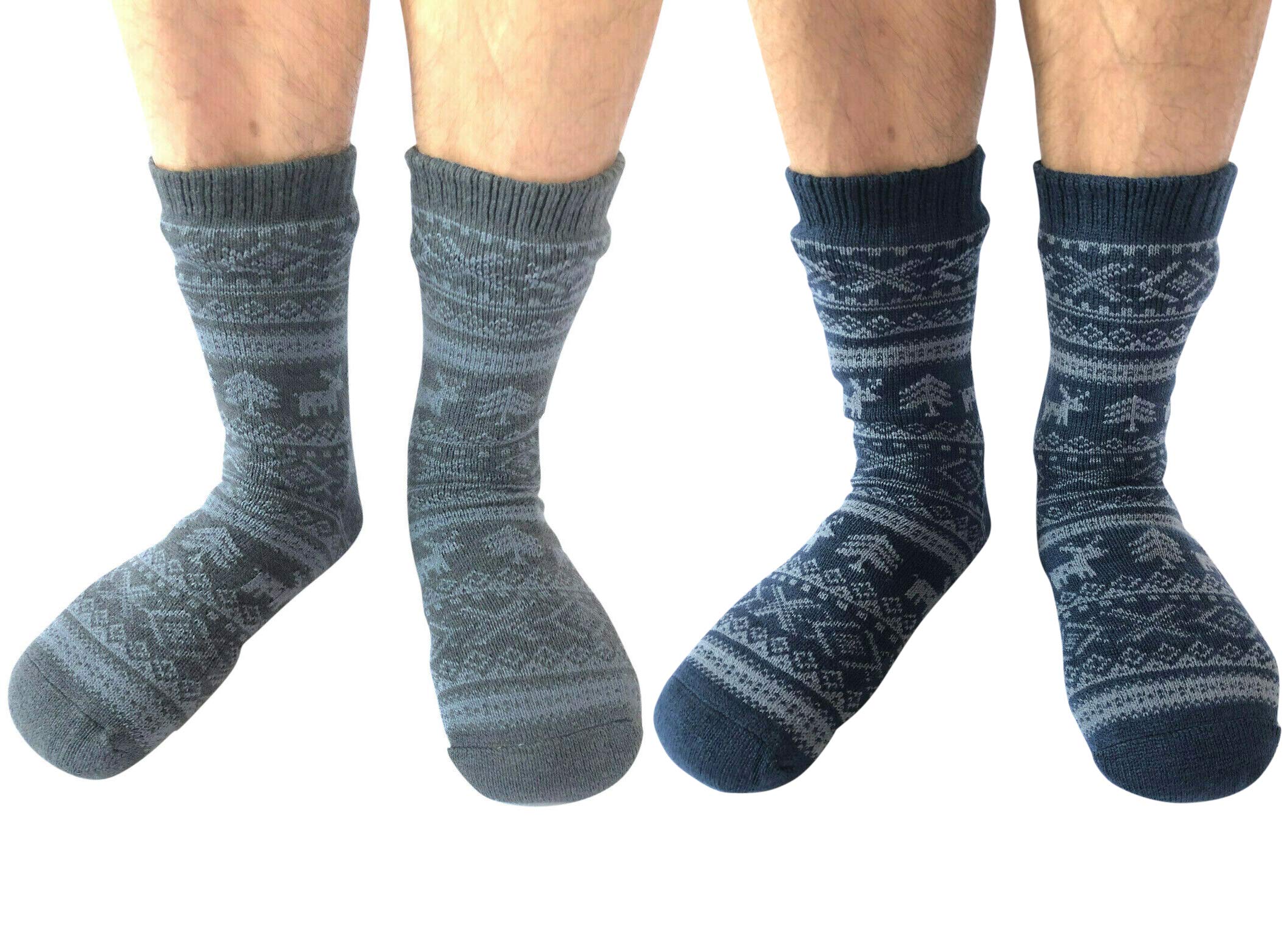 2 Pairs Men's Winter Thermal Fleece Lined Knit Thick Slipper Socks - Non-Slip Warm House Socks for Indoor & Outdoor Use - Perfect for Home, Office, and Camping