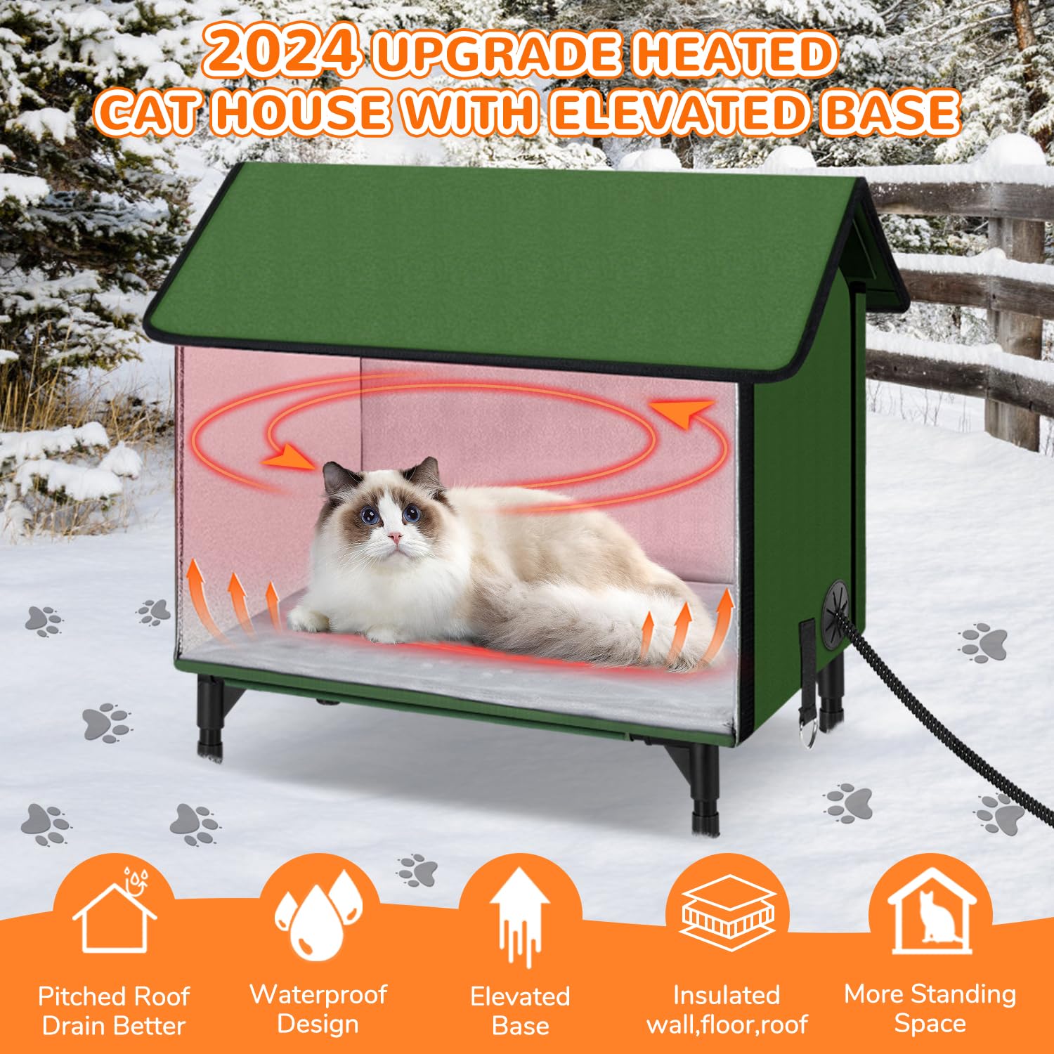 Large Heated Outdoor Cat House for Winter - Insulated Feral Cat Shelter with Heating Pad, Waterproof & Windproof Elevated Kitty House for Multiple Cats - Perfect for Backyards, Garages & Cold Weather Protection