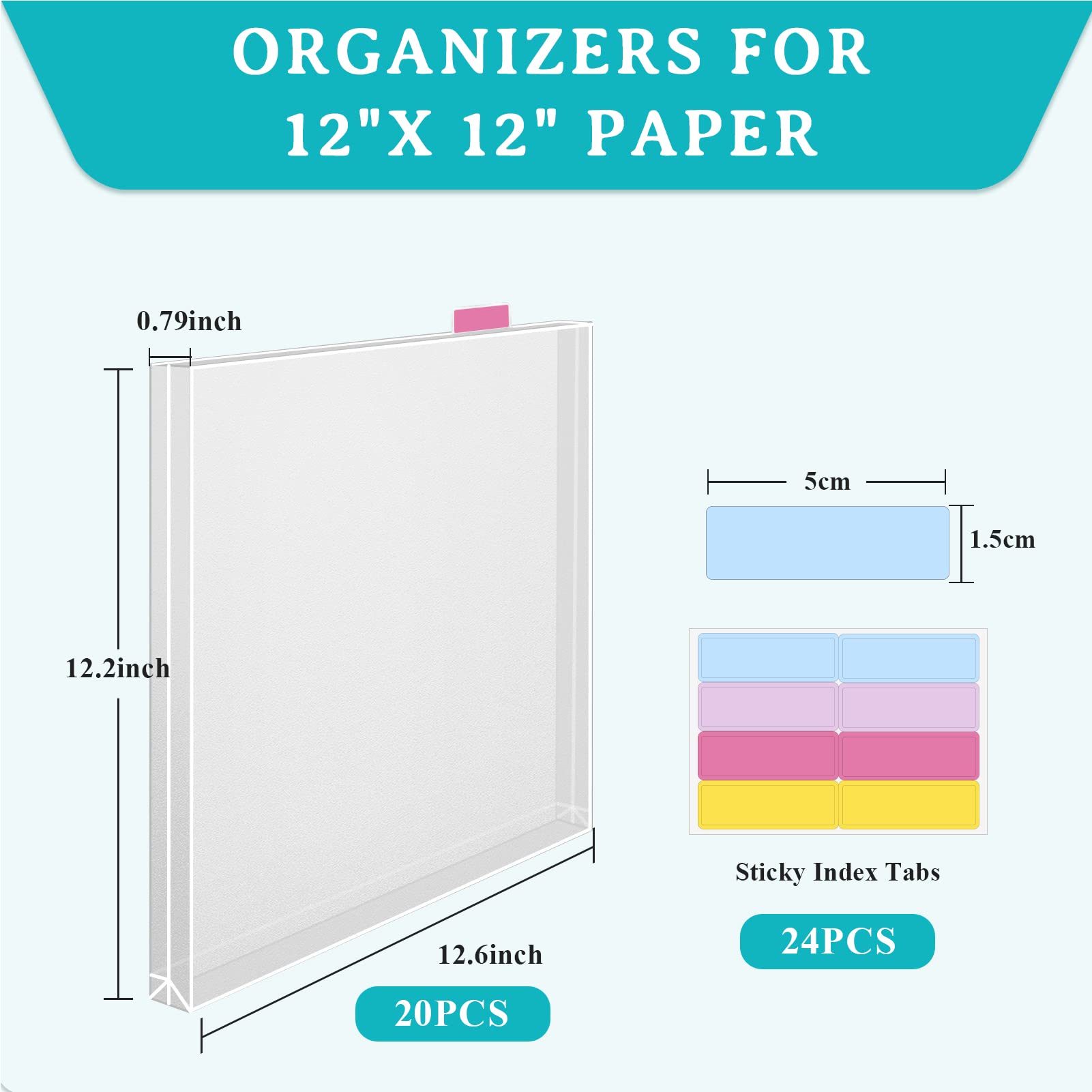 Caydo 20-Piece Clear 12x12 Scrapbook Paper Organizer with Tabs & Gusset Bottom - Perfect for Storing Scrapbook Paper, Vinyl Sheets, Cardstock & Craft Supplies - Ideal for Scrapbooking, Card Making & DIY Projects