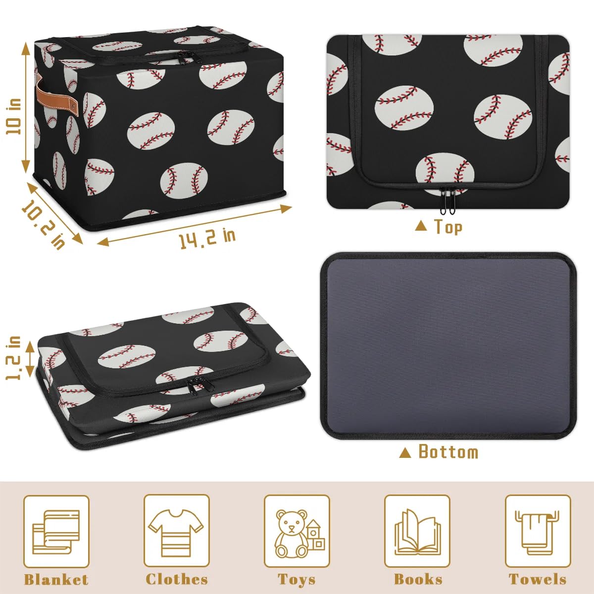 Baseball Print Storage Bins with Zipper Lid - Foldable Fabric Storage Baskets for Clothes, Blankets & Toys - Collapsible Storage Box with Handles (2 Pack) - Perfect for Closet, Nursery & Playroom Organization