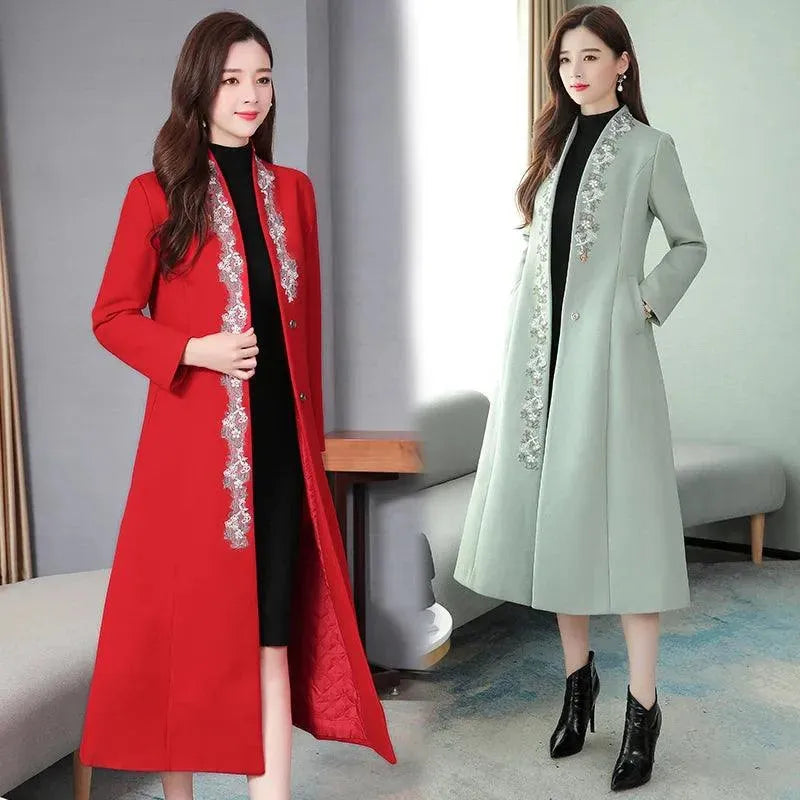Women's Embroidered Wool Coat - Elegant Winter Overcoat for Women | Perfect for Office, Parties & Cold Weather Fashion