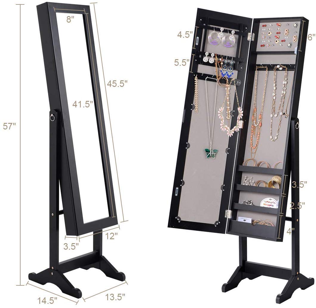 HOMGX Wooden Standing Jewelry Cabinet with Mirror - Jewelry Armoire Organizer for Necklaces, Rings & Earrings - Elegant Black Storage for Bedroom, Closet & Dressing Room