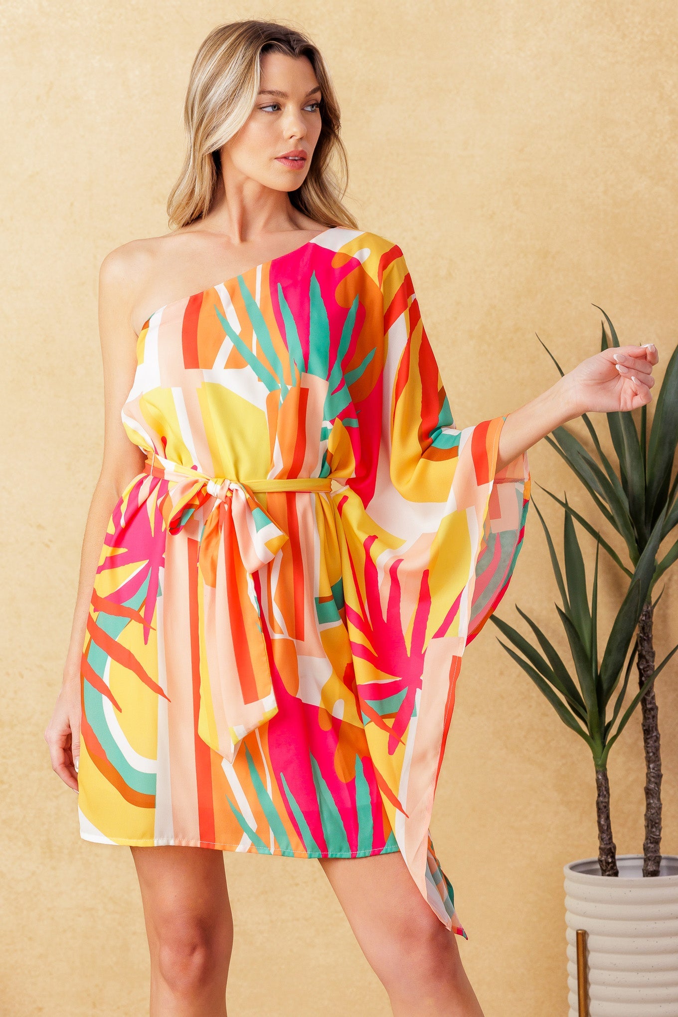 EASY BREEZES One Shoulder Caftan Mini Dress - Flowy Beach Cover Up, Pool Party Outfit, Summer Vacation Dress for Women