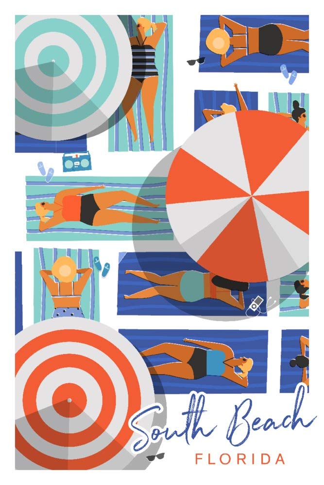 South Beach Florida Aerial View Beach Scene with Loungers & Umbrellas - 24x36 Gallery Quality Metal Wall Art Decor for Living Room, Office & Coastal Home Decor