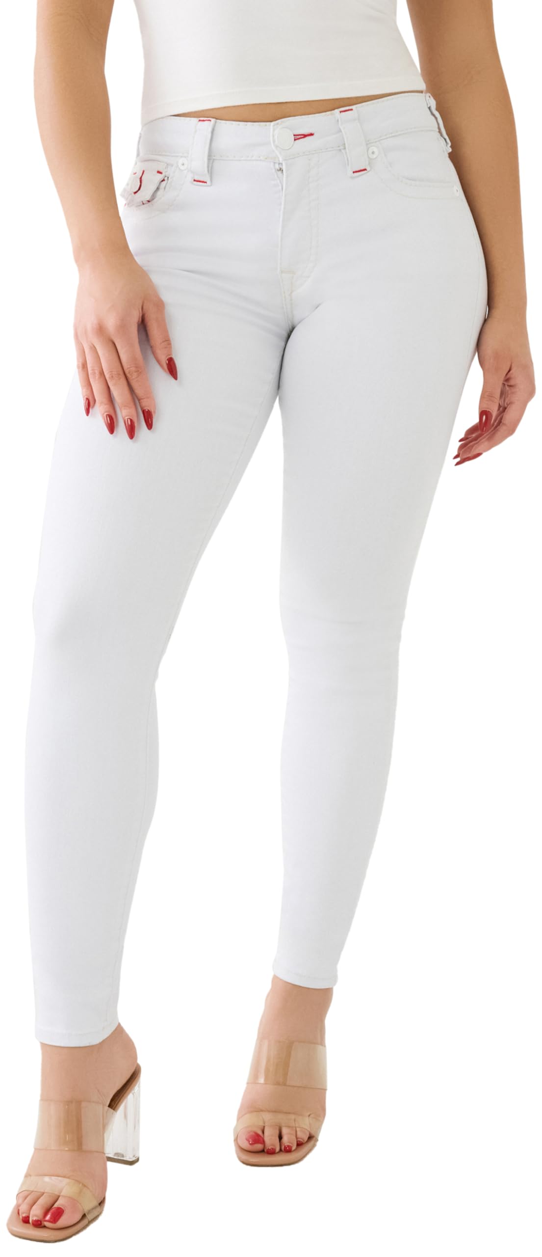 True Religion Women's Jennie Curvy Skinny Big T Flap Jeans - High Waist Stretch Denim Pants in Optic White Size 33 | Perfect for Casual Wear, Night Out & Street Style Fashion