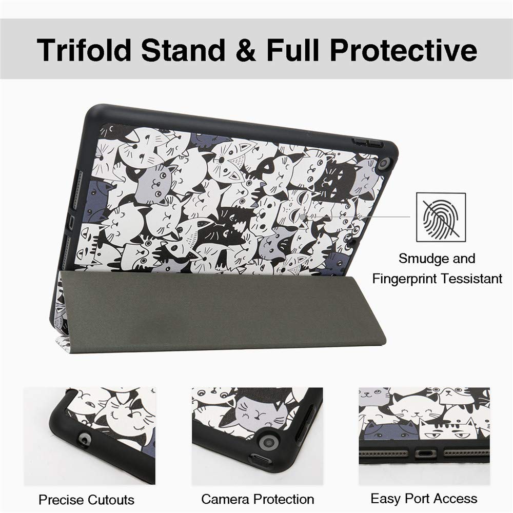 Cute Cartoon Cat Trifold Protective Case for iPad 9th/8th/7th Generation (10.2-inch 2021/2020/2019 Models A2270 A2428 A2429 A2197) with Pencil Holder | Shockproof Cover with Auto Sleep/Wake | Perfect for School, Work & Travel