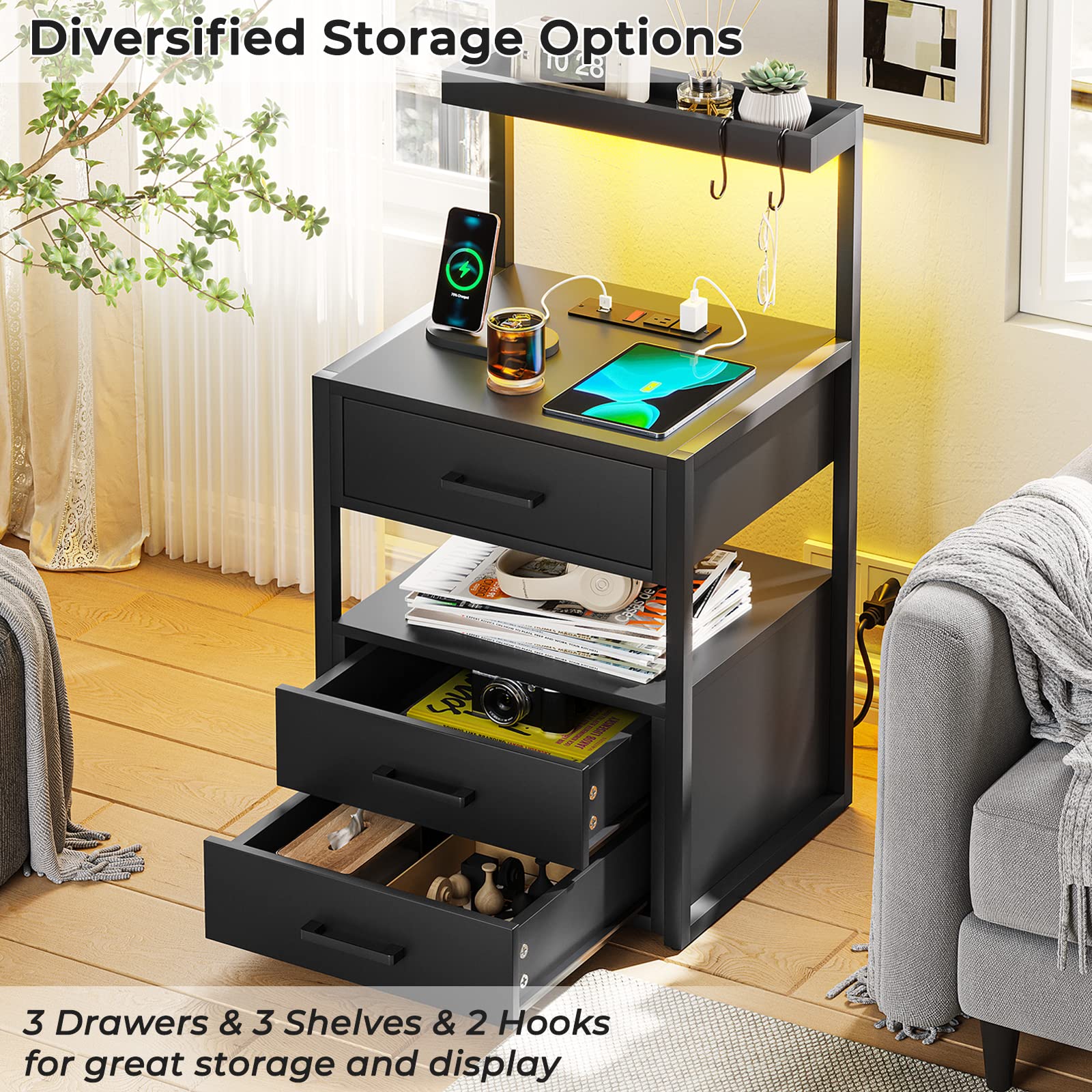 Modern LED Nightstand with USB & AC Charging - 3 Drawers & Open Storage for Bedroom