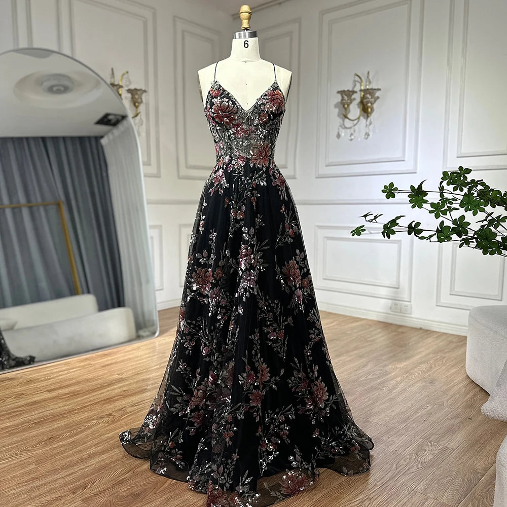 Luxury Dubai Black Beaded Spaghetti Strap A-Line Prom Dress for Formal Occasions - Perfect for Saudi Arabian Weddings, Evening Galas & Special Events LA72773