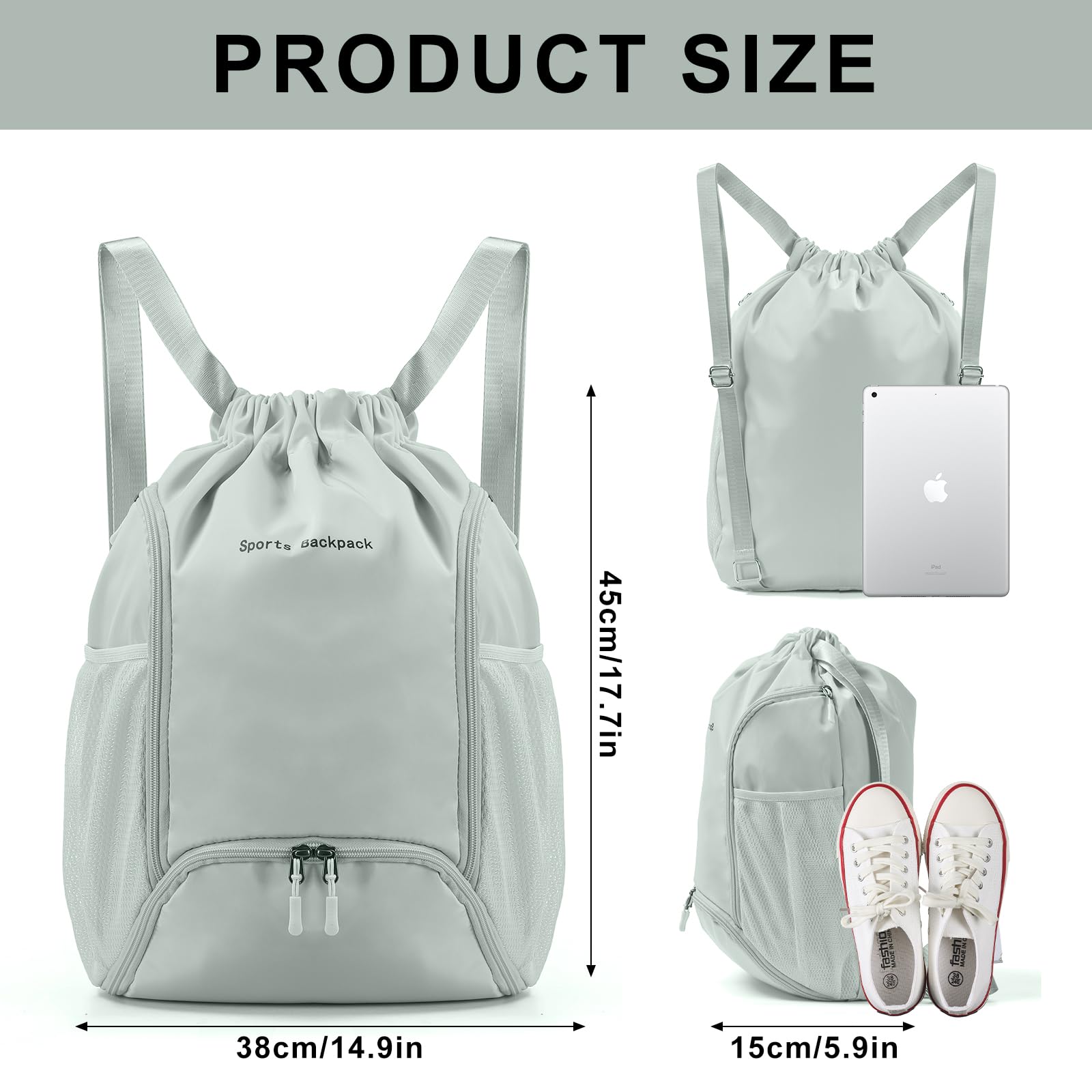 Light Green Drawstring Backpack - Water-Resistant Sports Gym Bag with Shoe Compartment & Side Mesh Pockets - Large Capacity String Backpack for Men & Women - Perfect for Gym, Travel, Hiking & Outdoor Activities