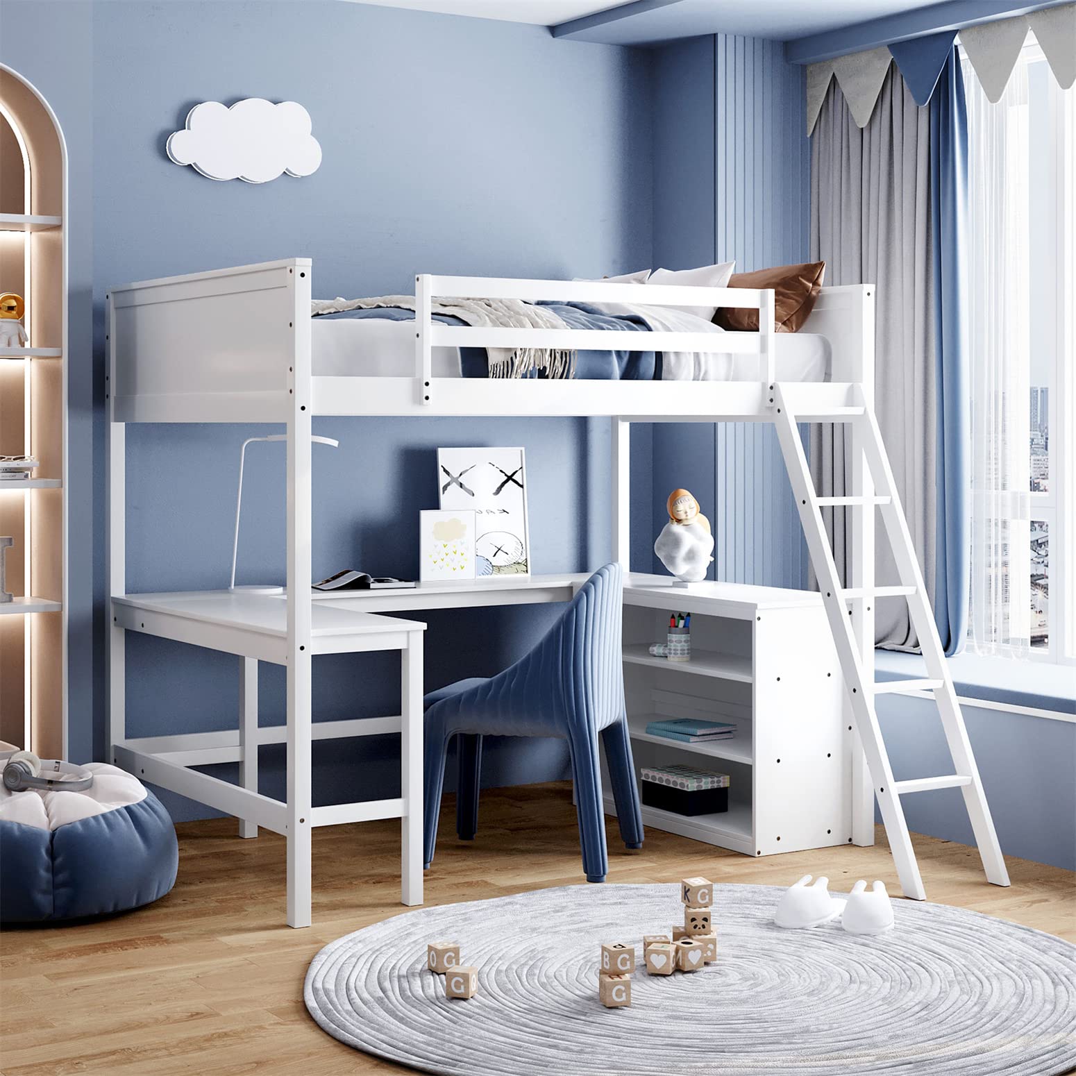 Full Loft Bed with Desk & Storage Shelves - Sturdy Wooden Bunk Bed with Bookcase for Kids, Teens & Adults - Space-Saving Dorm Furniture for Small Rooms - White