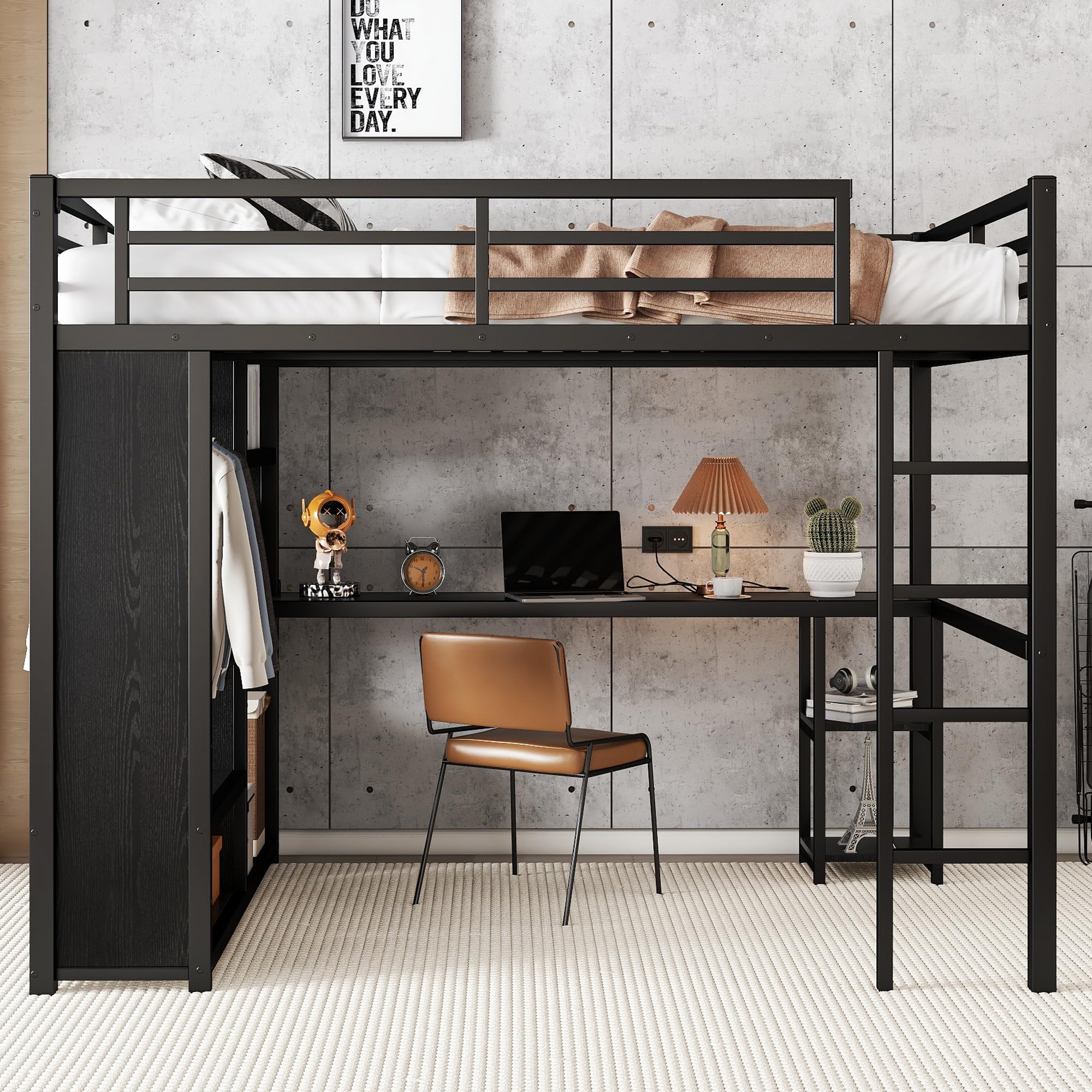 Queen Metal Loft Bed with Desk & Wardrobe - Heavy Duty Space-Saving Bed Frame with 6 Storage Shelves, Ladder & High Safety Guardrails | Sturdy Squeak-Free Design, No Box Spring Required in Polar Black | Perfect for Small Apartments, Dorms & Kids' Rooms