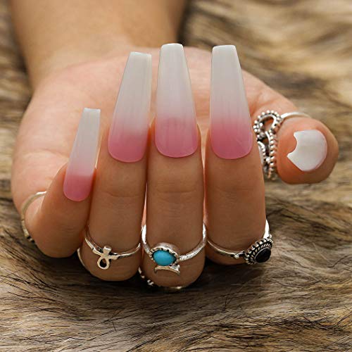 Abien Ombre Press on Nails Extra Long Coffin Fake Nails - 24Pcs Glossy Artificial False Nails for Women & Girls (Pink) | Perfect for Parties, Weddings & Special Occasions