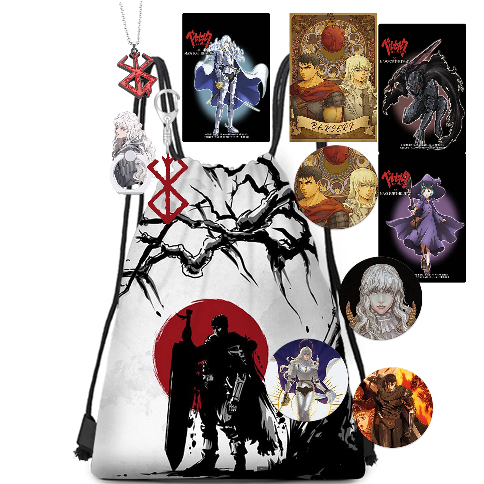 Berserk Deluxe Manga Merch Collection - Anime Backpack, Keychain, Phone Holder, Button Pins, Necklace & Card Stickers for Fans - Perfect for Cosplay, Conventions & Gift Giving