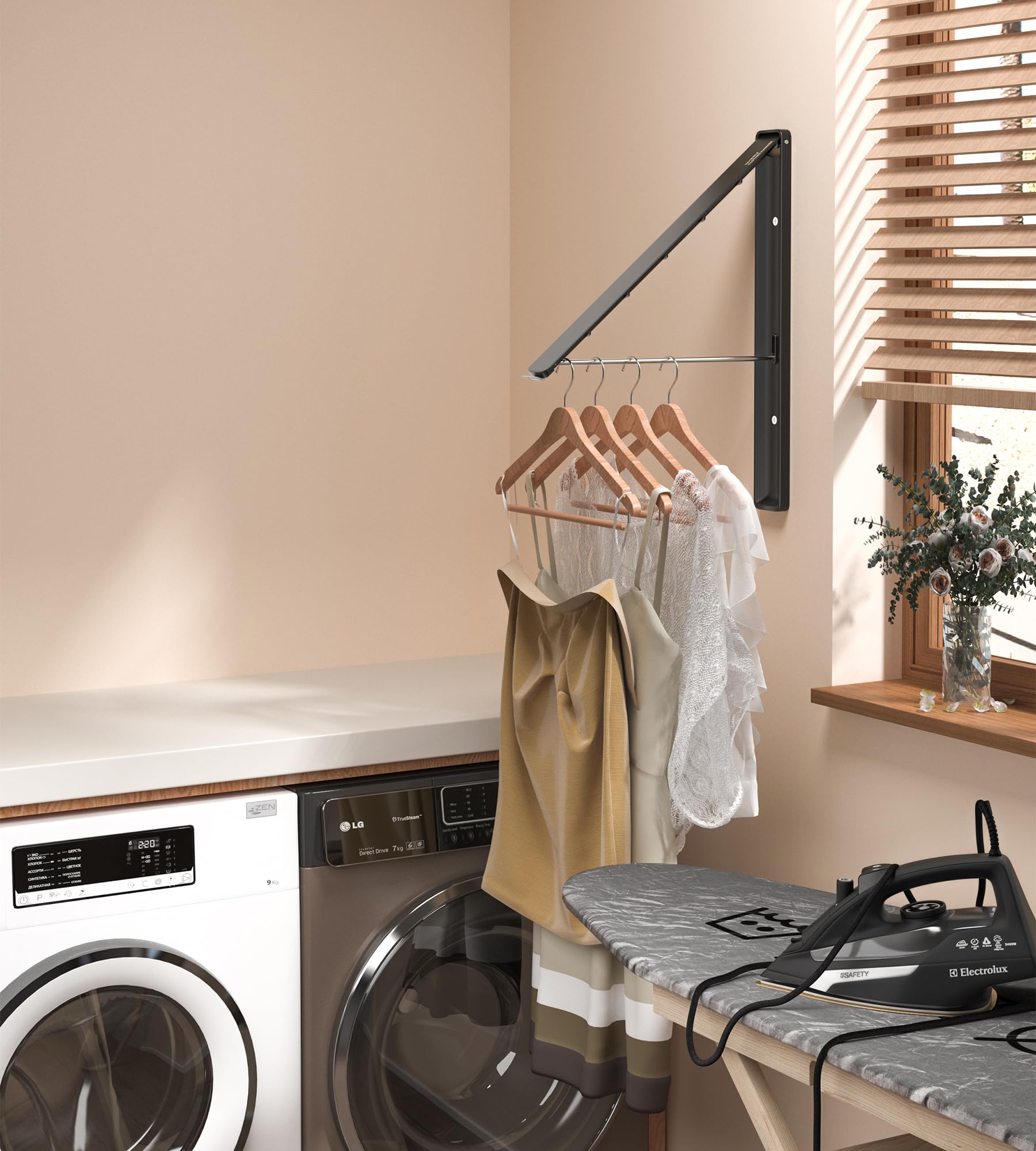 Wall Mounted Retractable Foldable Clothes Drying Rack - Space Saving Laundry Organizer for Dorm, Closet, Balcony & Laundry Room (Black Metal, 1 Pack) - Perfect for Small Spaces & Quick Drying