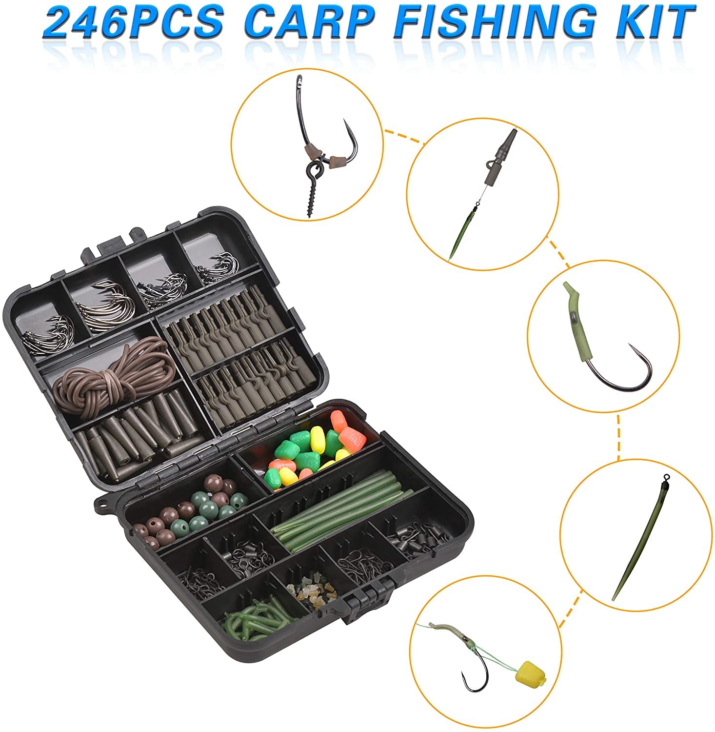 246pcs Carp Fishing Tackle Box Set - Complete Fishing Accessories Kit with Hooks, Swivels, Beads & Rig Tubing | Premium Carp Fishing Gear for Lakes & Rivers | Perfect for DIY Hair Rigs & Bait Setup