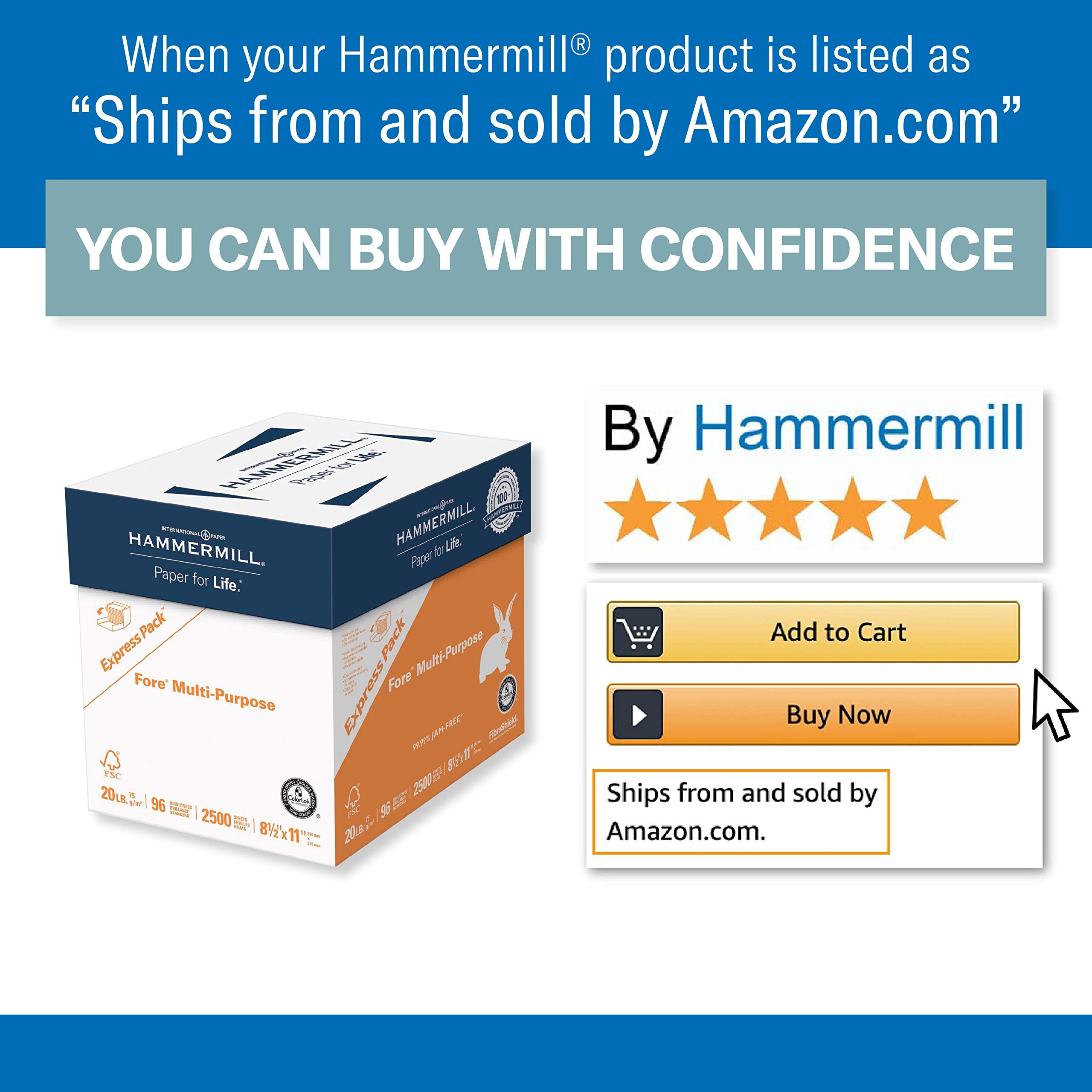 Hammermill Fore Multipurpose 20 lb Copy Paper, 8.5 x 11, 2500 Sheets - 96 Bright White Printer Paper for Home Office, School & Business Use - Made in USA, Express Pack (163121) - Ideal for Printing, Copying & Faxing Documents