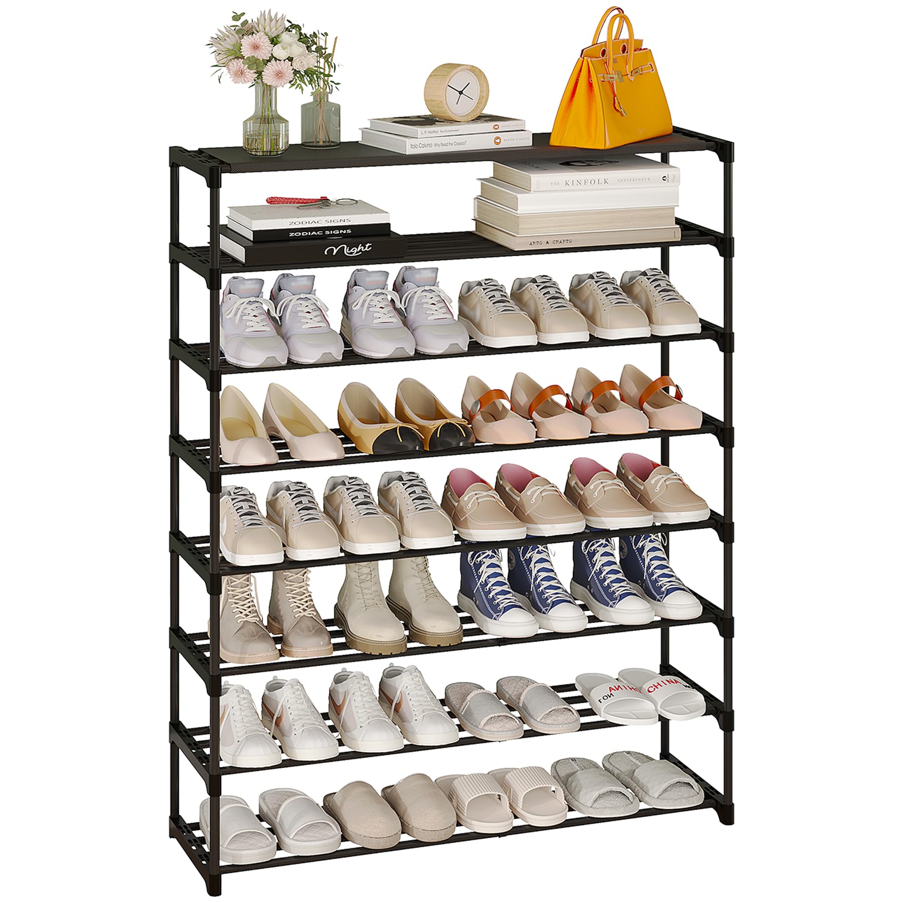 Calmootey 8-Tier Shoe Rack - Large Capacity Organizer Holds 40 Pairs | Stackable Shoe Shelf for Entryway & Hallway | Space-Saving Black Shoe Storage Solution for Home, Apartment & Closet Organization
