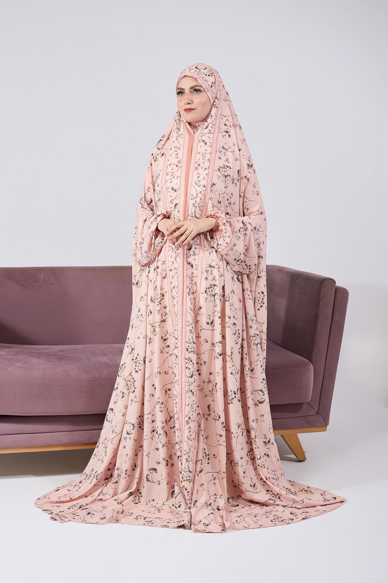 Nouria Satin Floral Prayer Gown - Elegant Floral Print Islamic Prayer Dress with Elastic Cuffs for Women - Perfect for Salah, Ramadan, Eid and Home Worship