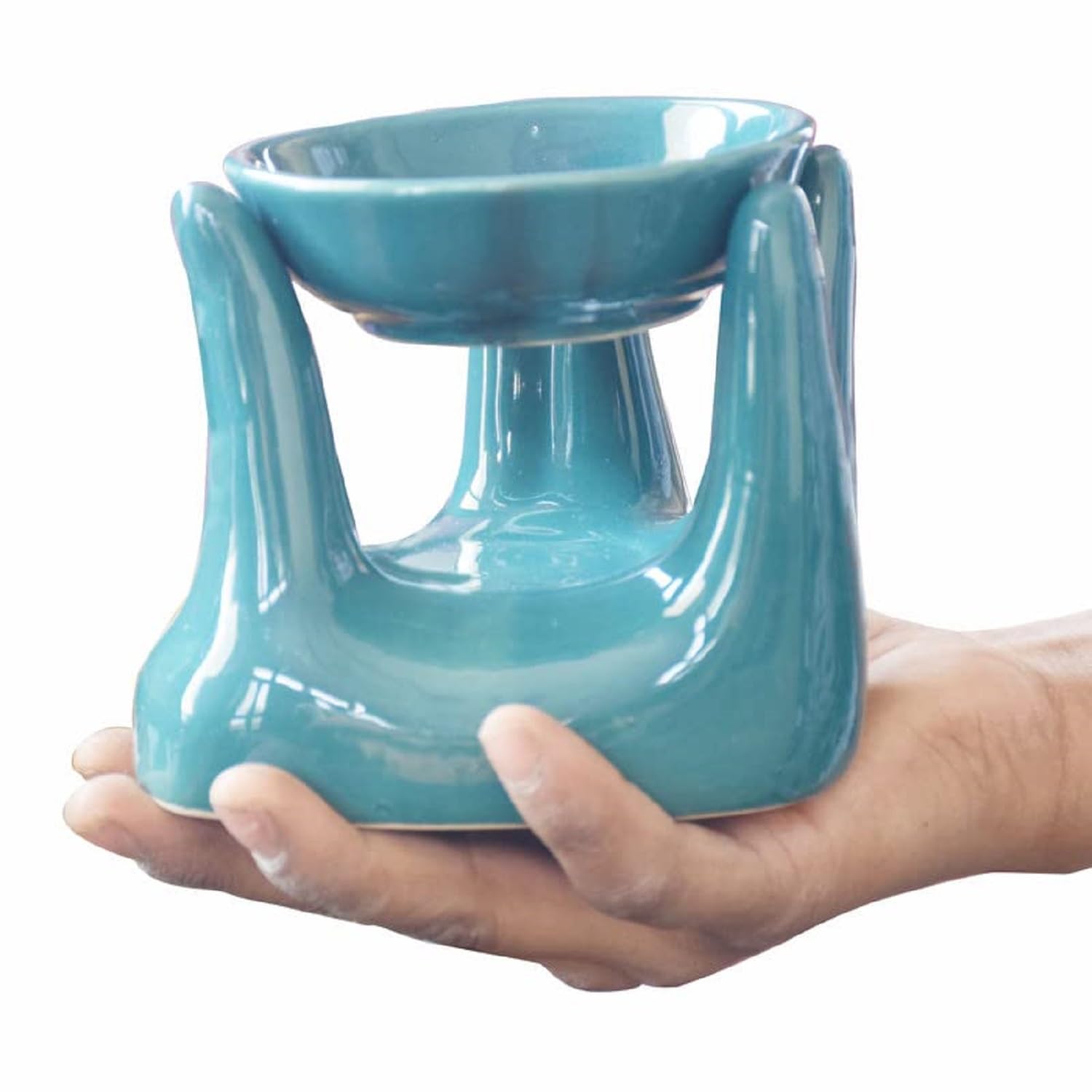Pure Source India Ceramic Hand-Shaped Oil Burner Diffuser for Aromatherapy - Home & Office Use with 1 Tea Light Candle - Porcelain Essential Oil Warmer in Green for Relaxation, Yoga & Meditation
