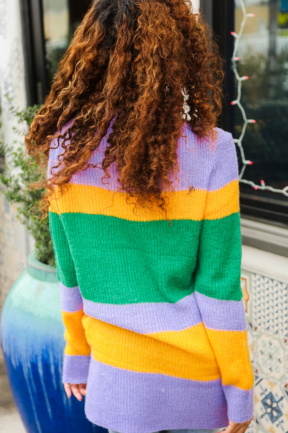 Love Found Mardi Gras Mohair Stripe Rib Knit Tunic Sweater for Women - Cozy Winter Pullover with Colorful Stripes - Perfect for Parties, Festivals & Casual Outings
