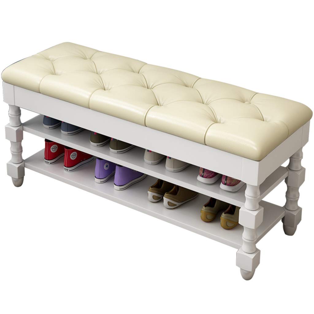 American Retro Double-Layer Shoe Rack Bench - Solid Wood Entryway Storage Stool with Shoe Changing Seat, Ivory White (60x35x43cm) - Perfect for Hallway Organization & Quick Shoe Changes