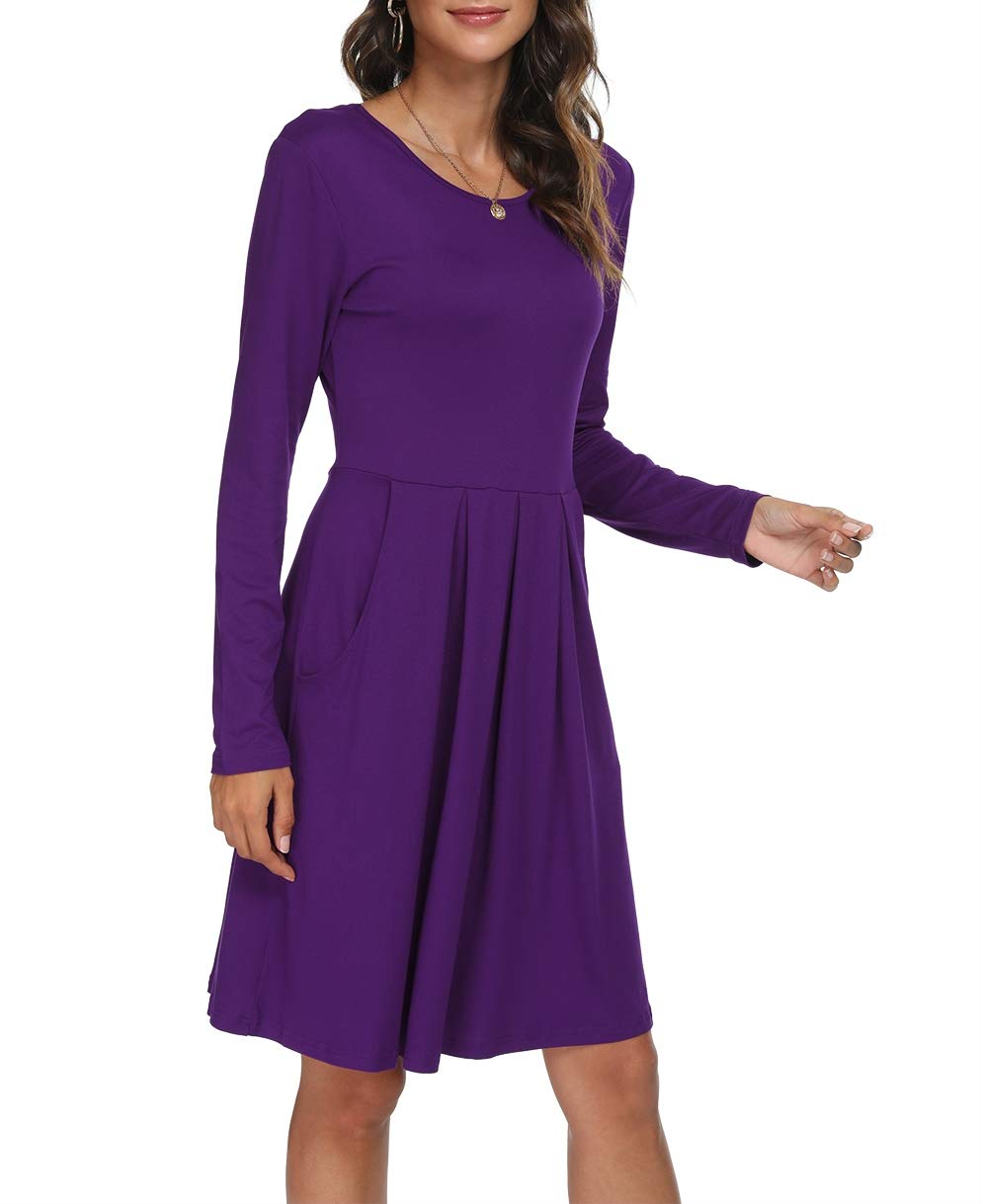 DouBCQ Women's Casual Long Sleeve Flowy Pleated Fall Dresses with Pockets - Elegant Office Wear & Autumn Date Outfit