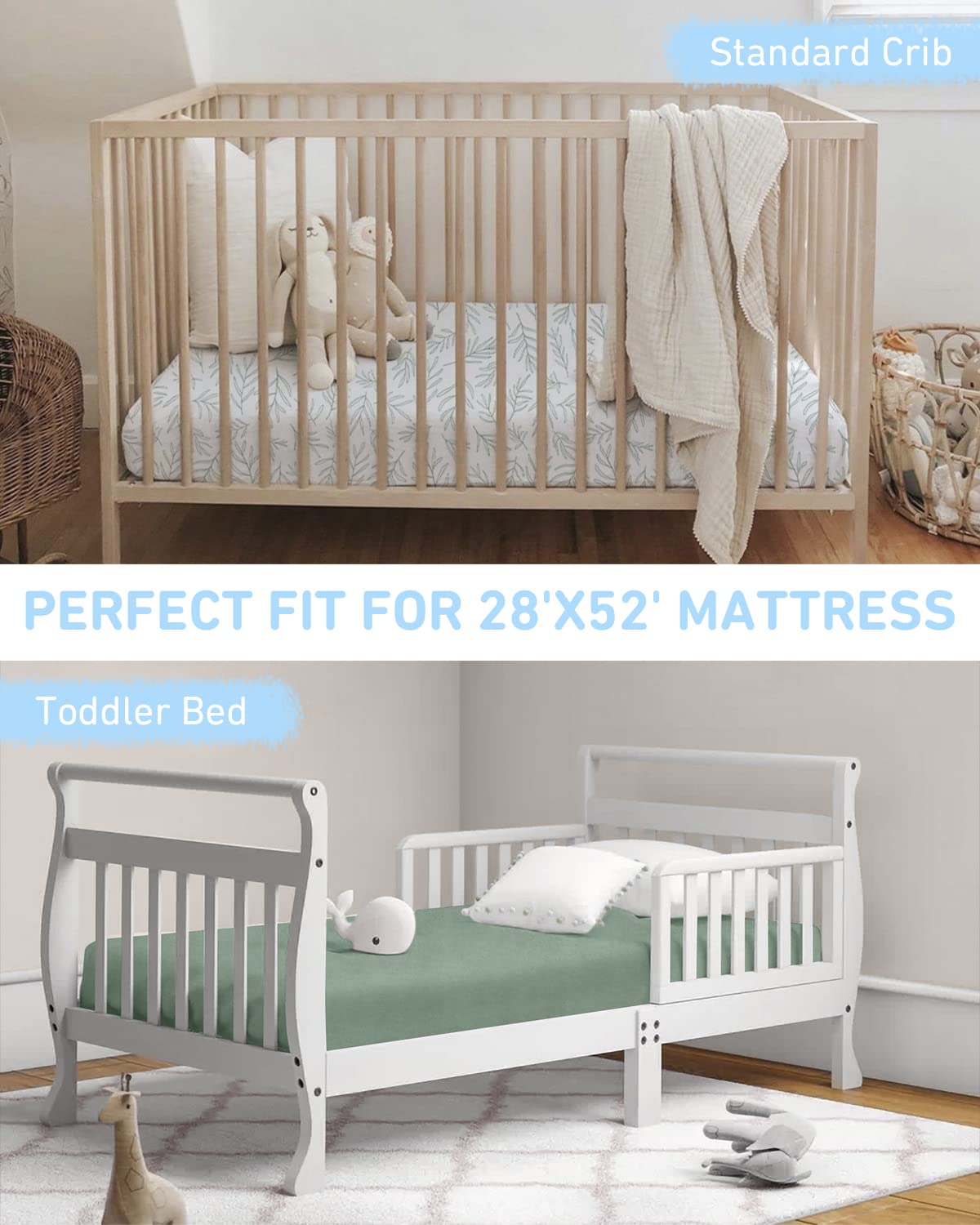 **Babebay 2-Pack Soft Cotton Fitted Crib Sheets for Boys & Girls - Neutral Sage Green, Fits Standard Crib & Toddler Mattress (52