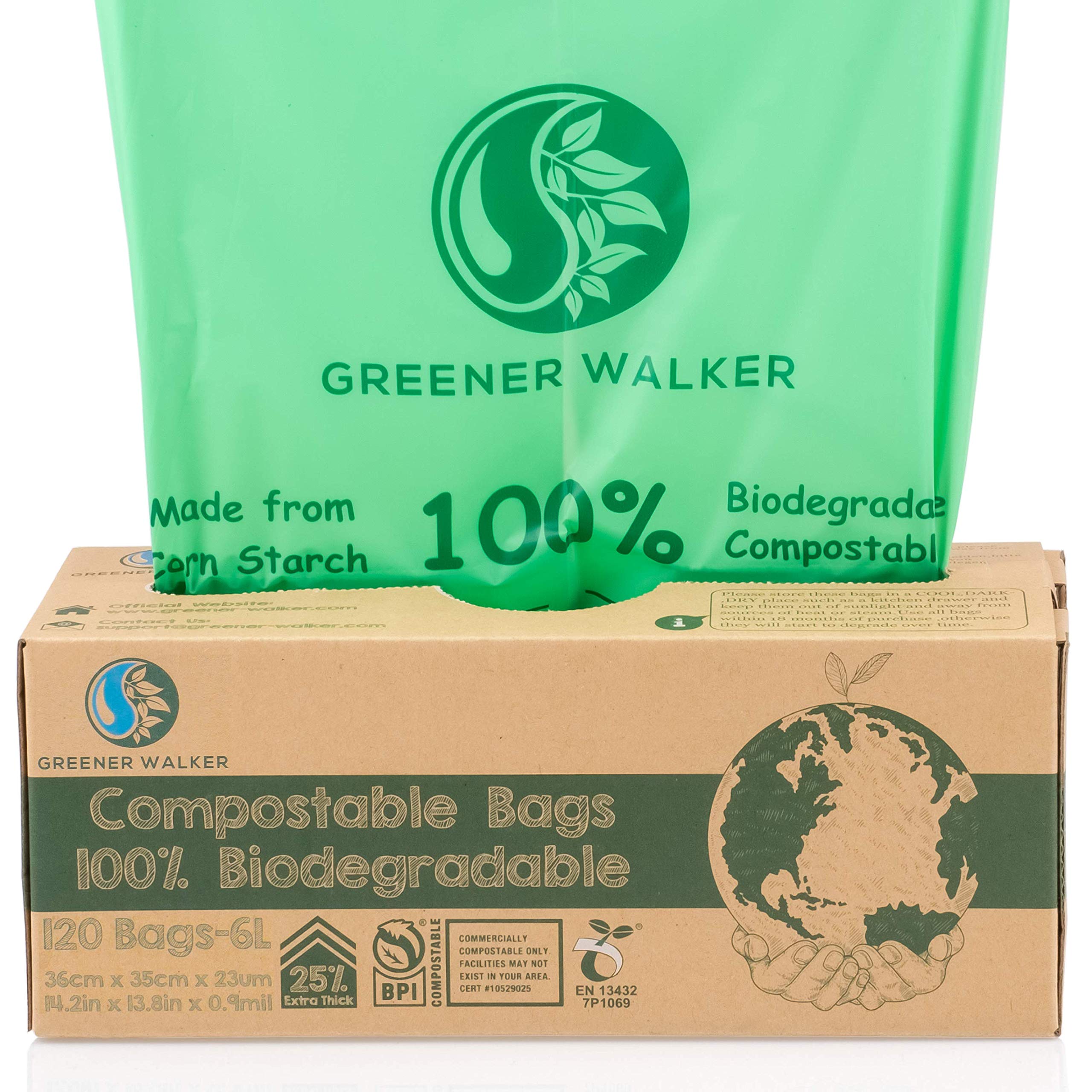 GREENER WALKER 25% Extra Thick Compostable Trash Bags - 1.6 Gallon, 120 Count, ASTM D6400 & BPI Certified Biodegradable Kitchen Waste Bags for Food Scraps, Eco-Friendly Home & Office Use