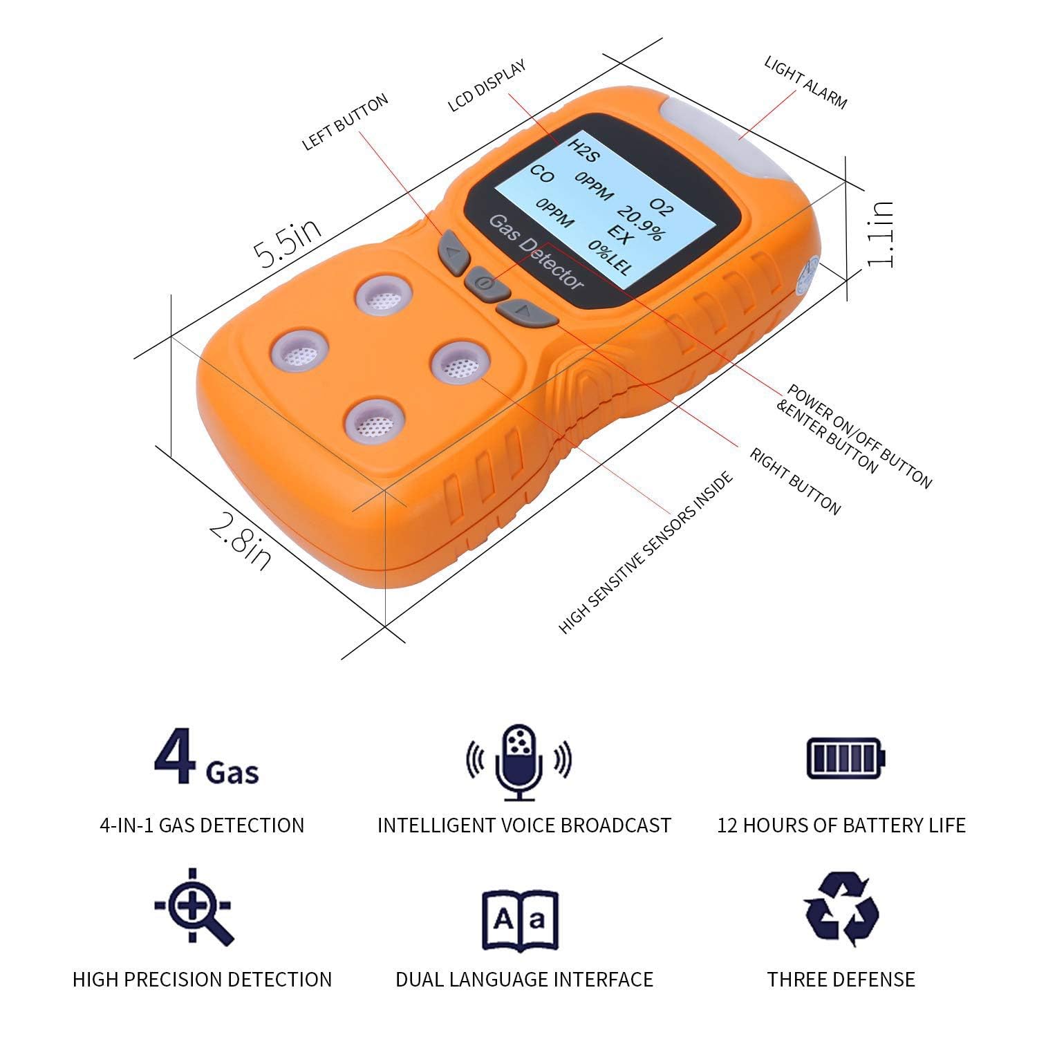 4-in-1 Portable Gas Detector - Rechargeable Multi-Gas Monitor with Sound, Light & Vibration Alarms for CO, O2, H2S, LEL Detection - Perfect for Industrial Safety, Home Use & Confined Space Work