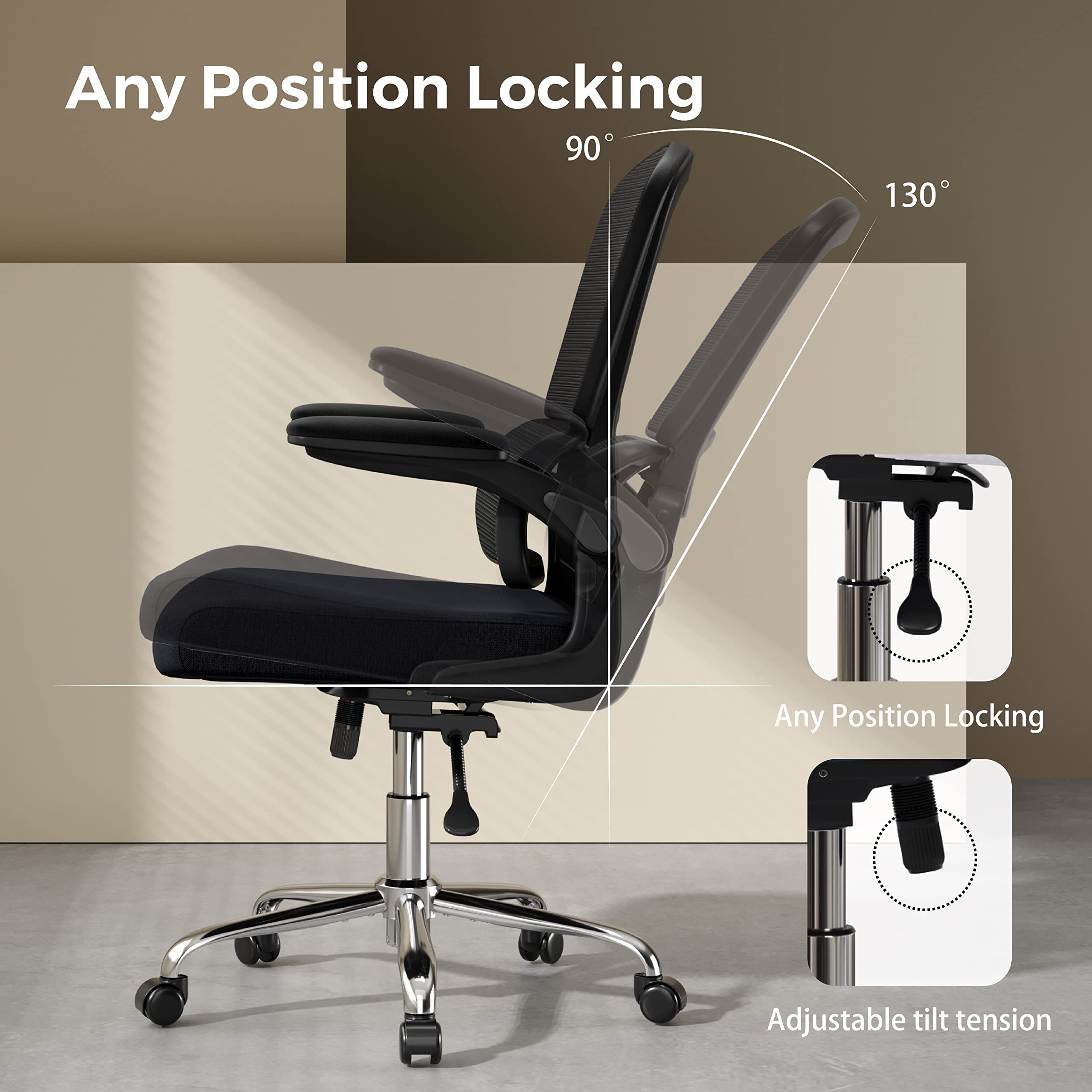 Ergonomic Office Chair with Breathable Mesh Back - Adjustable Height, Double Lumbar Support & Flip-Up Arms - 90°-130° Reclining Computer Desk Chair for Home Office, Gaming & Remote Work