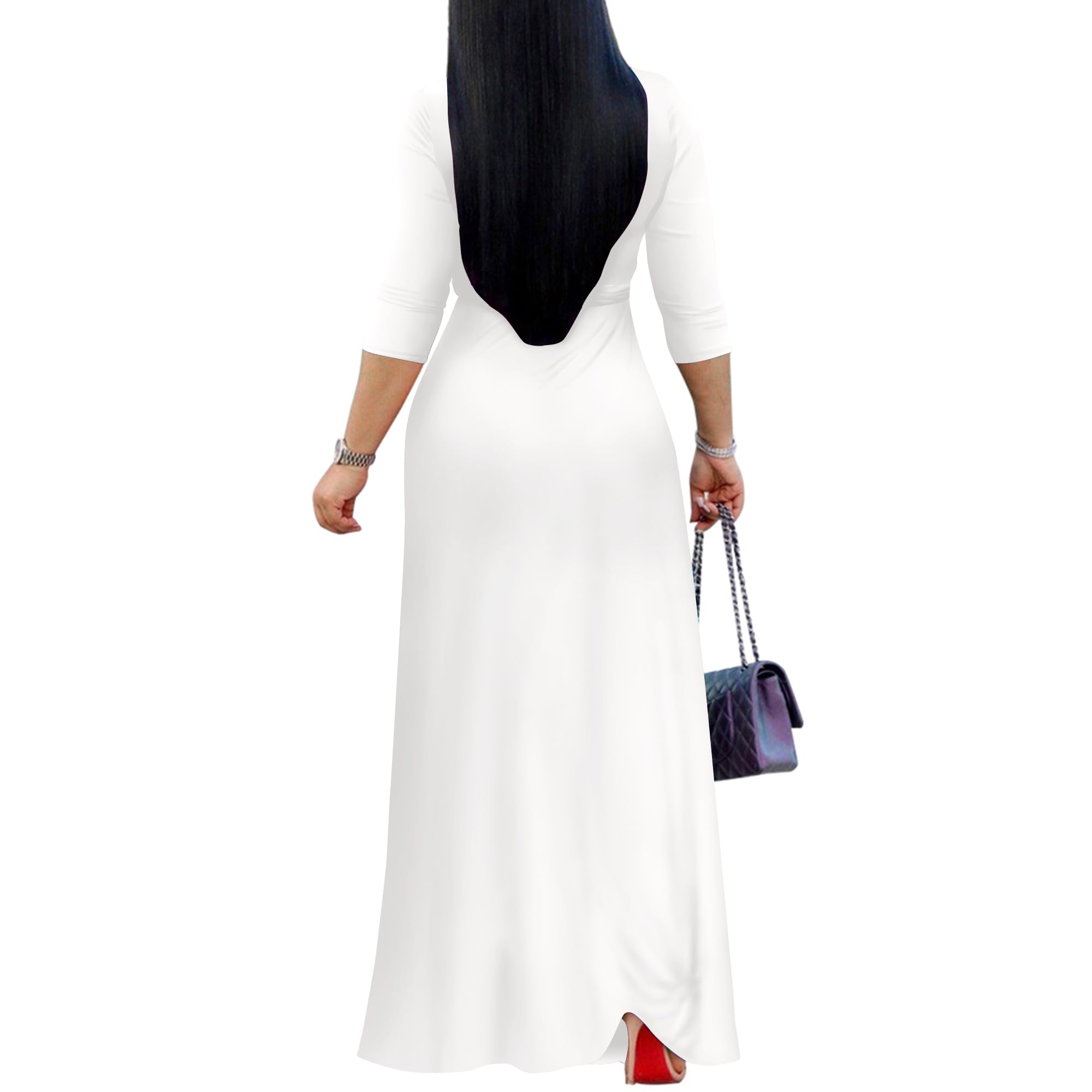 FANDEE Women's 2025 Maxi Dress - Solid Color Bohemian Summer Long Dress with V-Neck & 3/4 Sleeve | Beach Wedding, Vacation, Party Wear | Flowy Casual & Elegant Outfit
