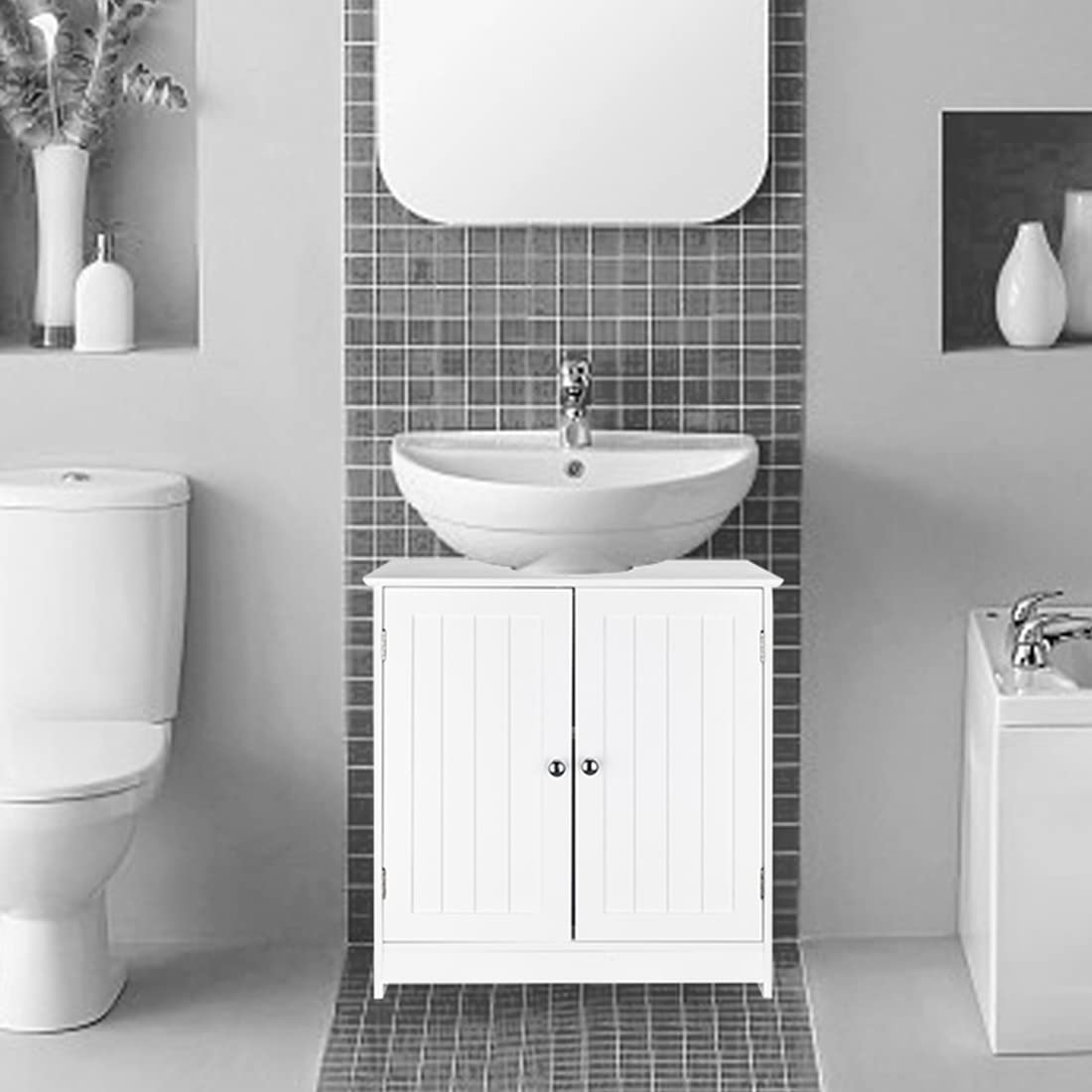 White Bathroom Storage Cabinet with 2 Doors - Under Sink Organizer with Internal Shelf, Space Saving Pedestal Sink Cabinet for Bathroom Organization (Perfect for Small Bathrooms, Apartments & Vanity Storage)