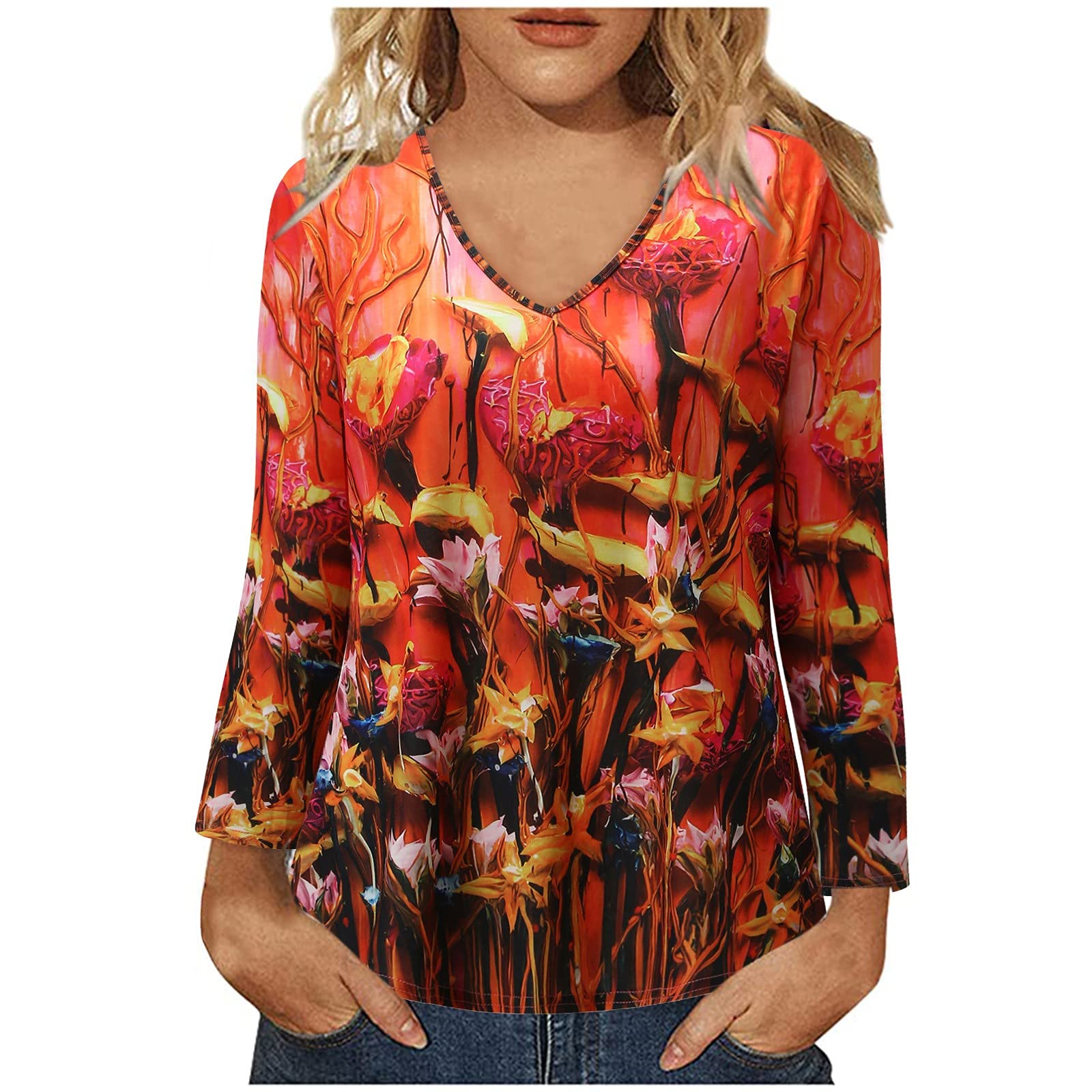 Women's Scoop Neck Long Sleeve Blouse - Floral Print Loose Fit V-Neck T-Shirt for Work & Casual Wear | Autumn Fashion Essential | Pack of 2