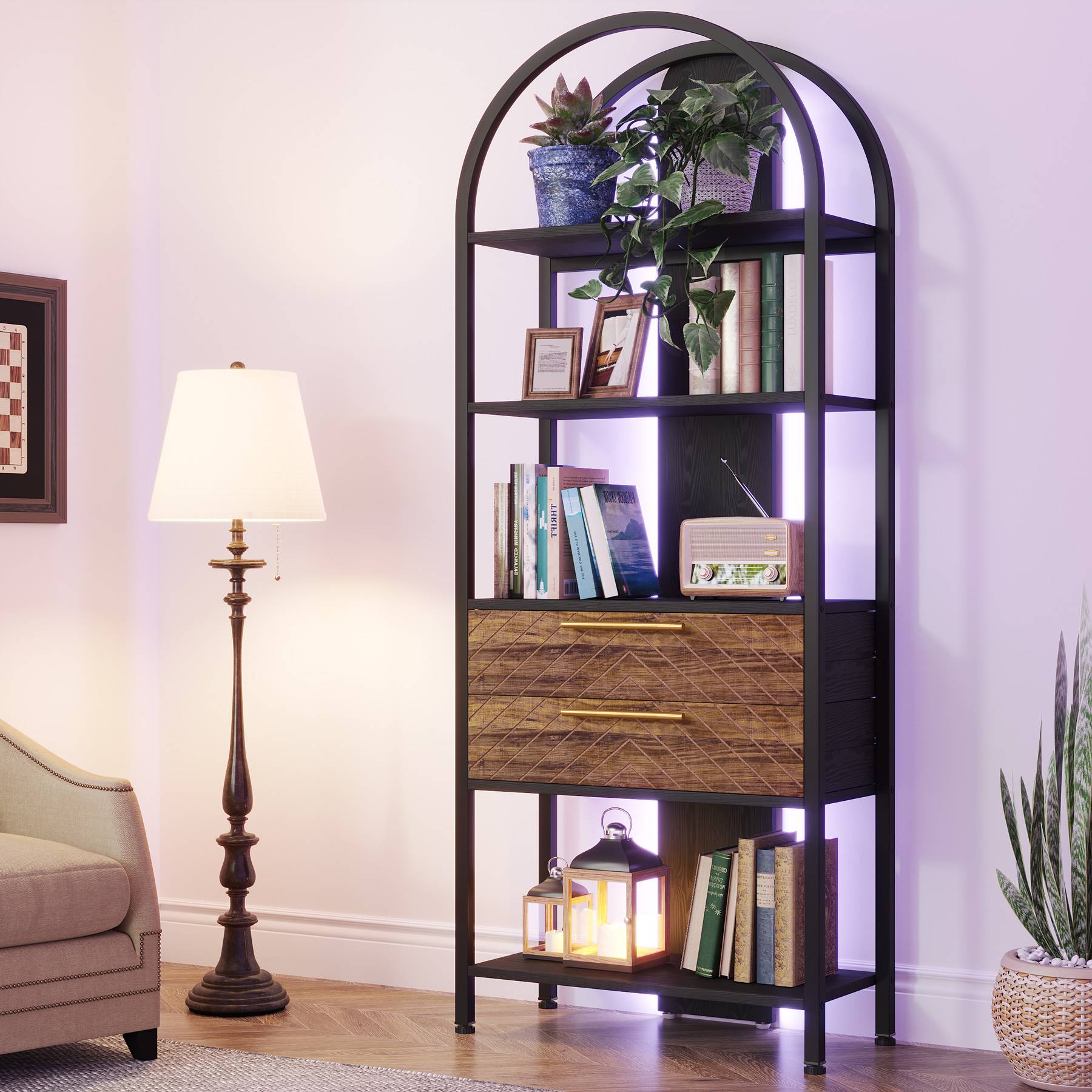 4-Tier Industrial Bookshelf with 2 Storage Drawers & LED Lighting - Rustic Wood & Metal Bookcase for Living Room, Office, or Bedroom Organization