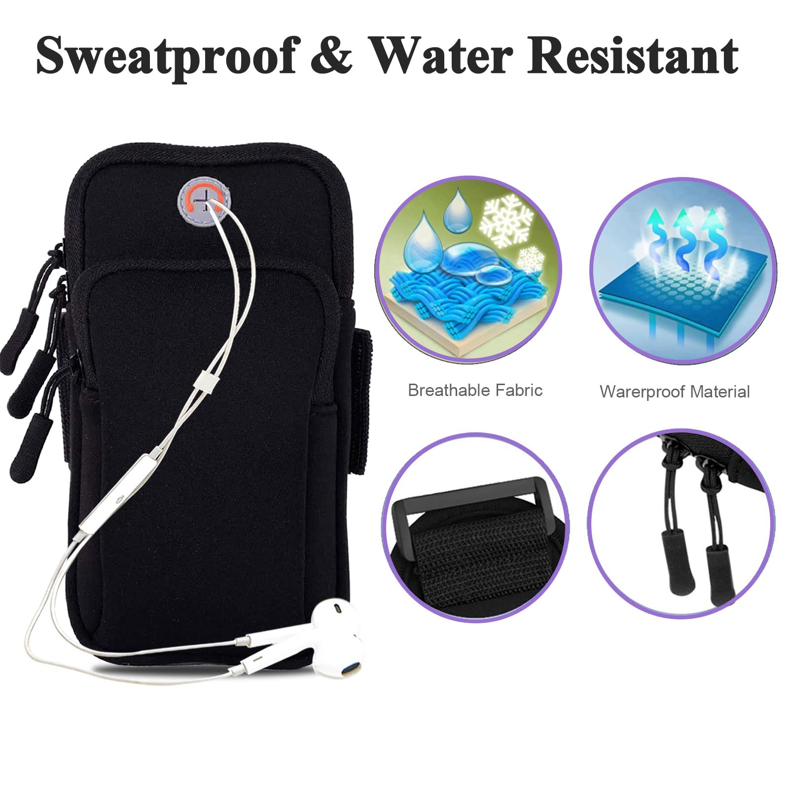 Running Armband Phone Holder for iPhone 16/16e/15/14/13/12/11 Pro Max/XS/XR/Plus/Mini & Galaxy Ultra/Edge/S25/S24/S23/S22/S21/S20/Note 20/10 - Adjustable Sports Pouch Bag for Gym, Hiking & Outdoor Activities (Black)