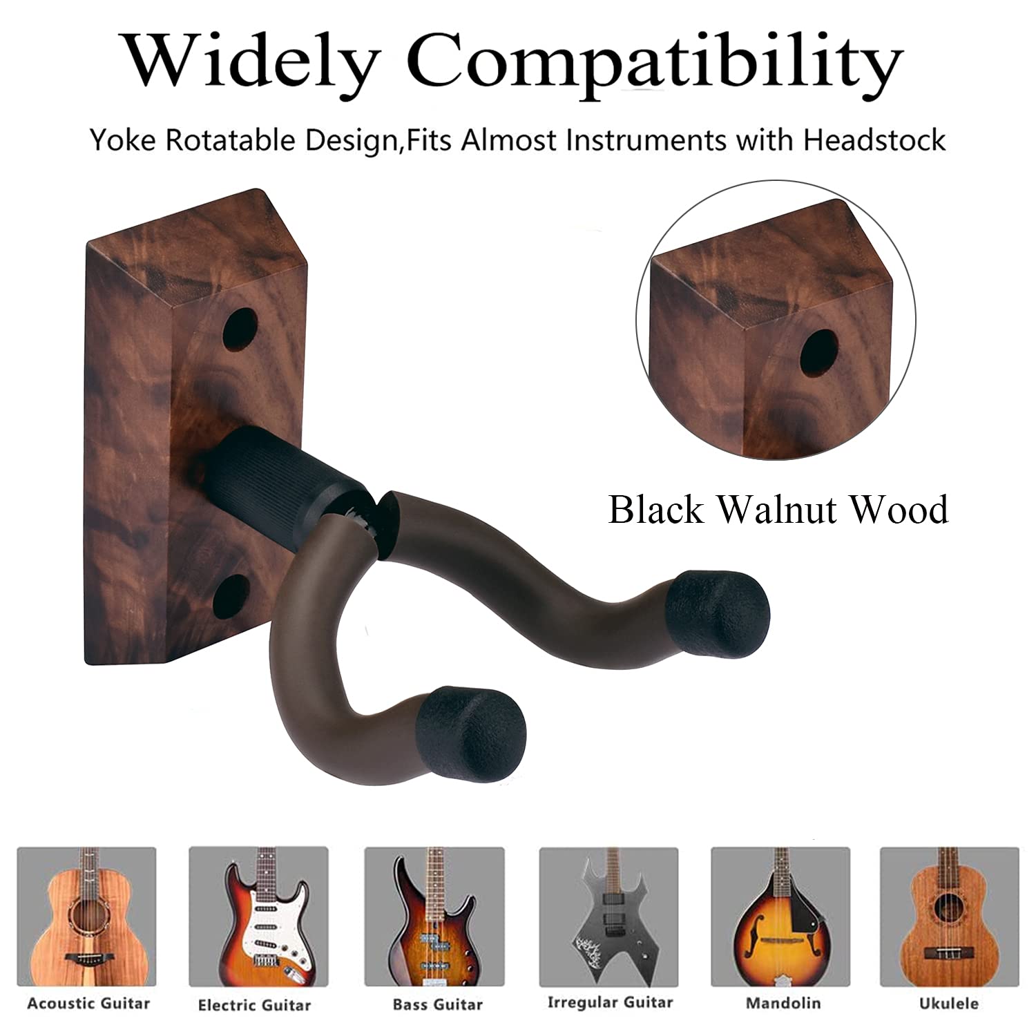 3 Pack Guitar Wall Hangers - Heavy Duty Black Walnut Wall Mount Hook for Acoustic, Electric, Bass, Banjo, Mandolin & Ukulele - Space Saving Instrument Storage Solution for Home, Studio or Music Classroom