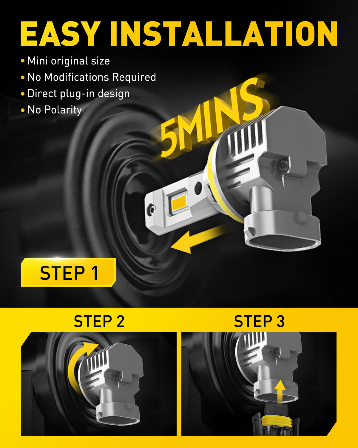 AUXITO H11 H8 H16 LED Fog Light Bulbs - 3000K Amber Yellow, 600% Brighter, Mini Size, Plug and Play, Pack of 2 - Perfect for Off-Road, Rainy & Foggy Conditions, Trucks, SUVs & Cars