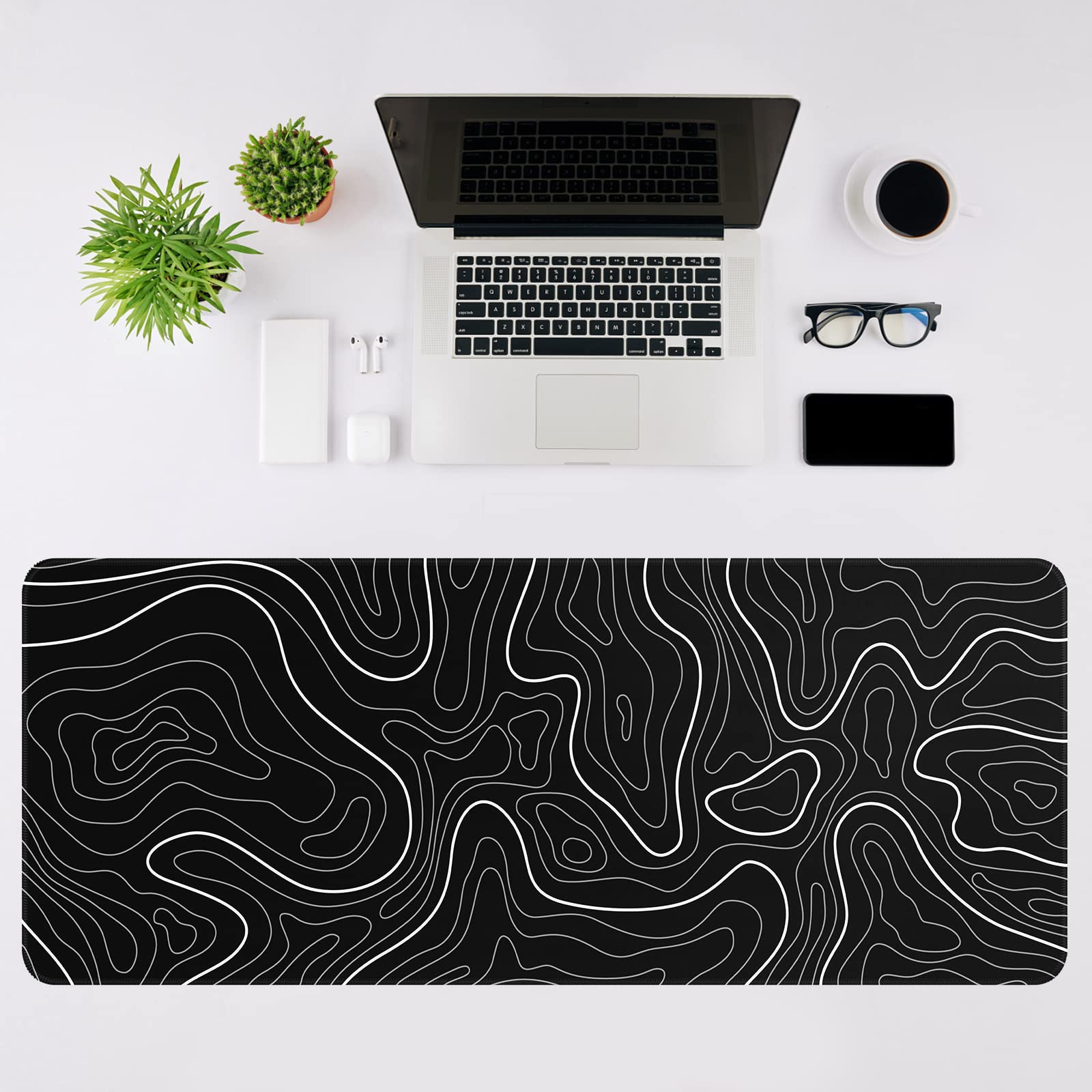 Large Gaming Mouse Pad 31.5 x 11.8 Inches - Non-Slip Rubber Base Extended Keyboard & Mouse Mat for PC, Laptop, Home & Office (Black with White Topographic Design) - Perfect for Gamers, Programmers & Office Workers