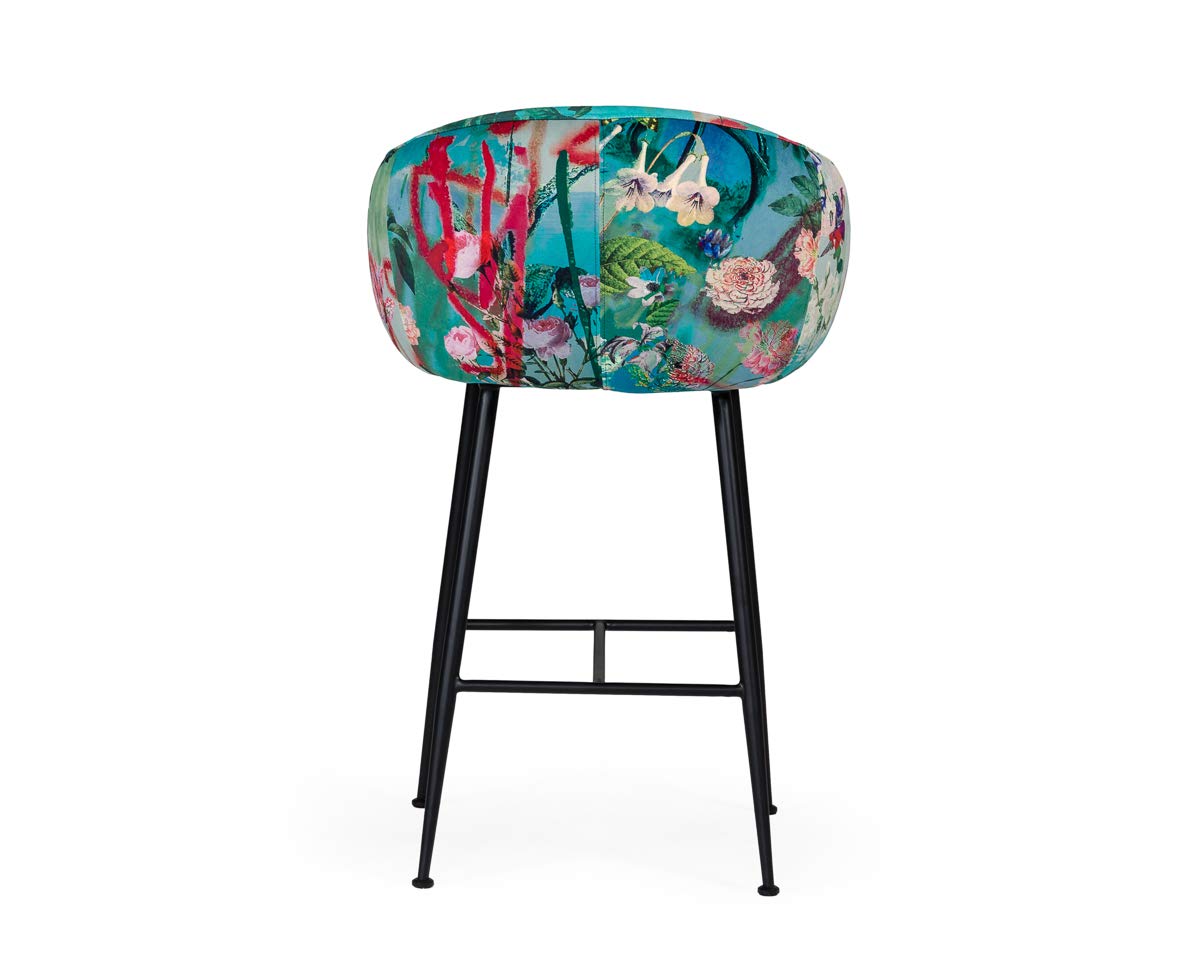Alma Collection Modern Velvet Upholstered Bar Stool with Cast Iron Legs - Floral Pattern Black - Perfect for Kitchen Islands, Home Bars & Contemporary Dining Spaces