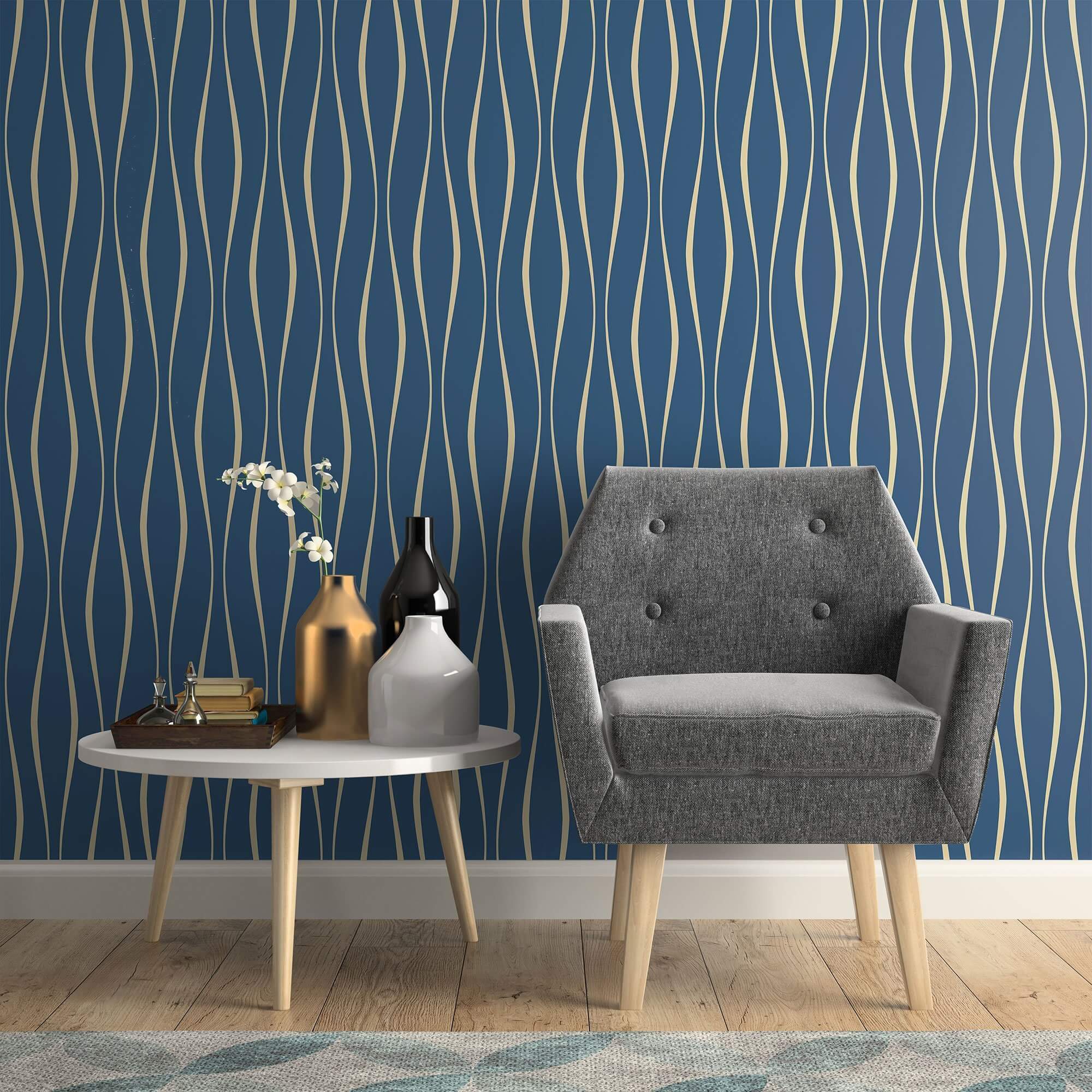 Blue Lines Peel and Stick Removable Wallpaper - Self-Adhesive Decorative Wall Covering for Bedroom, Living Room, Office & Nursery - Easy to Apply & Remove